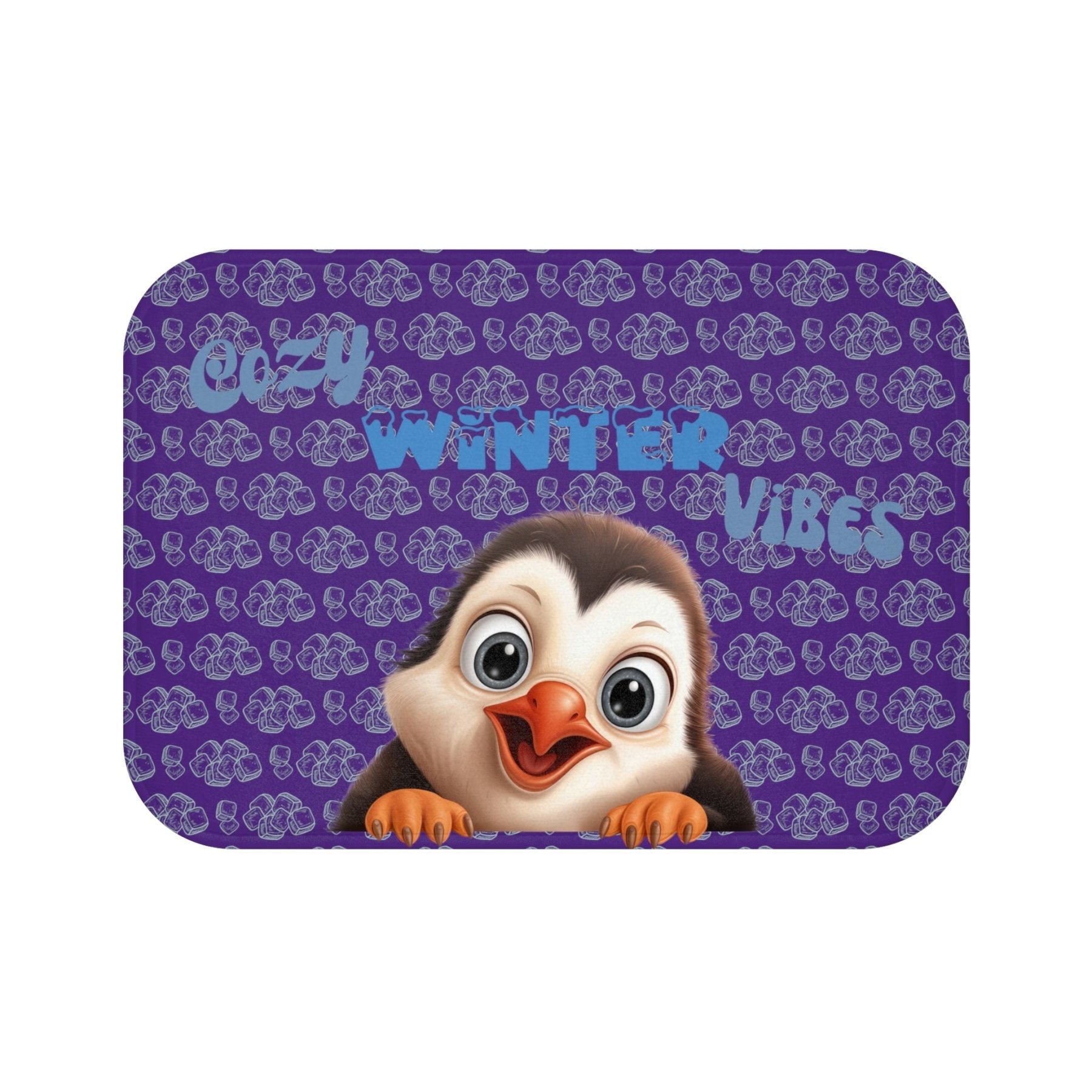 Bath Mat, Winter, Cozy Winter Vibes, Purple, Penguin 1 - Janlyn's Crafts