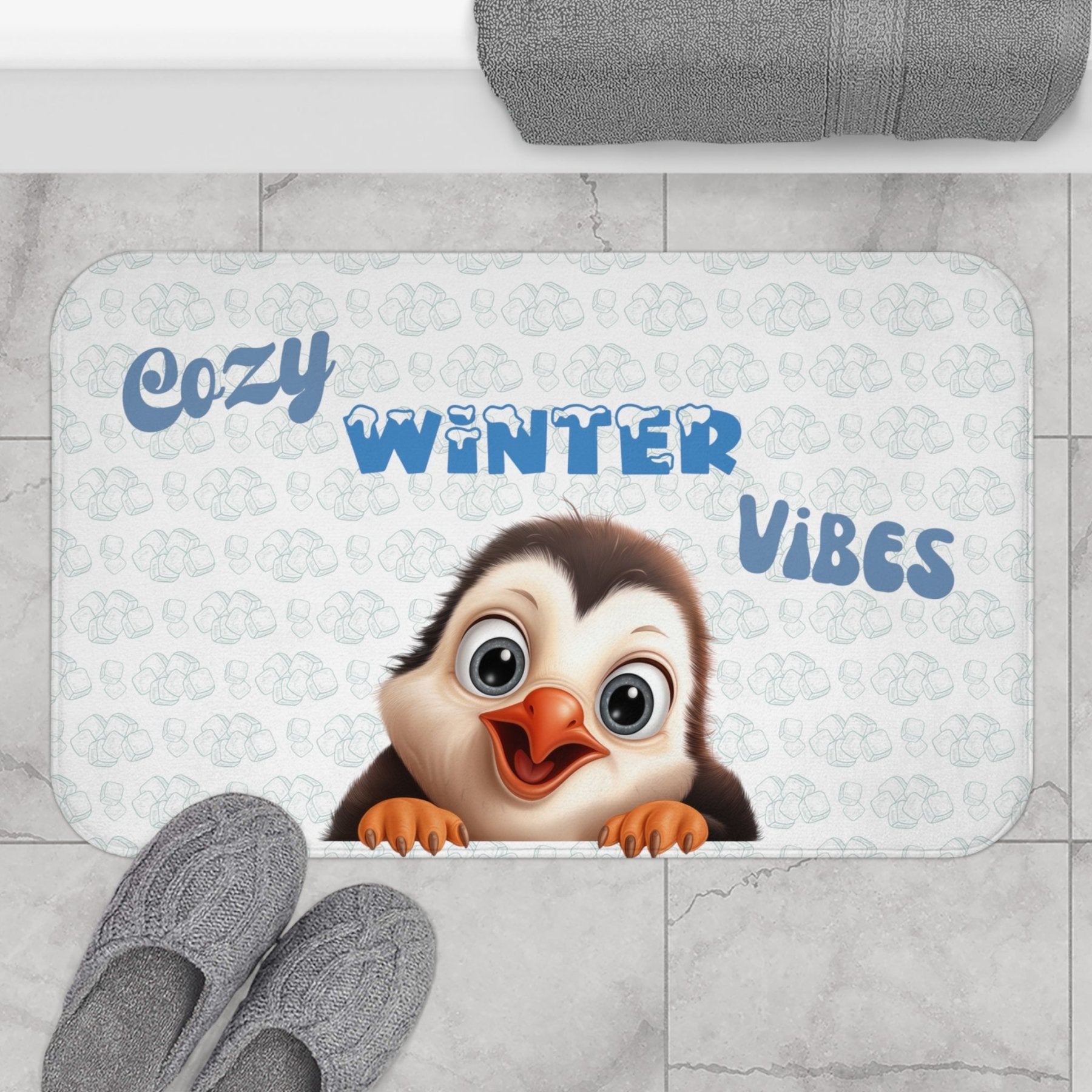 Bath Mat, Winter, Cozy Winter Vibes, White, Penguin 1 - Janlyn's Crafts