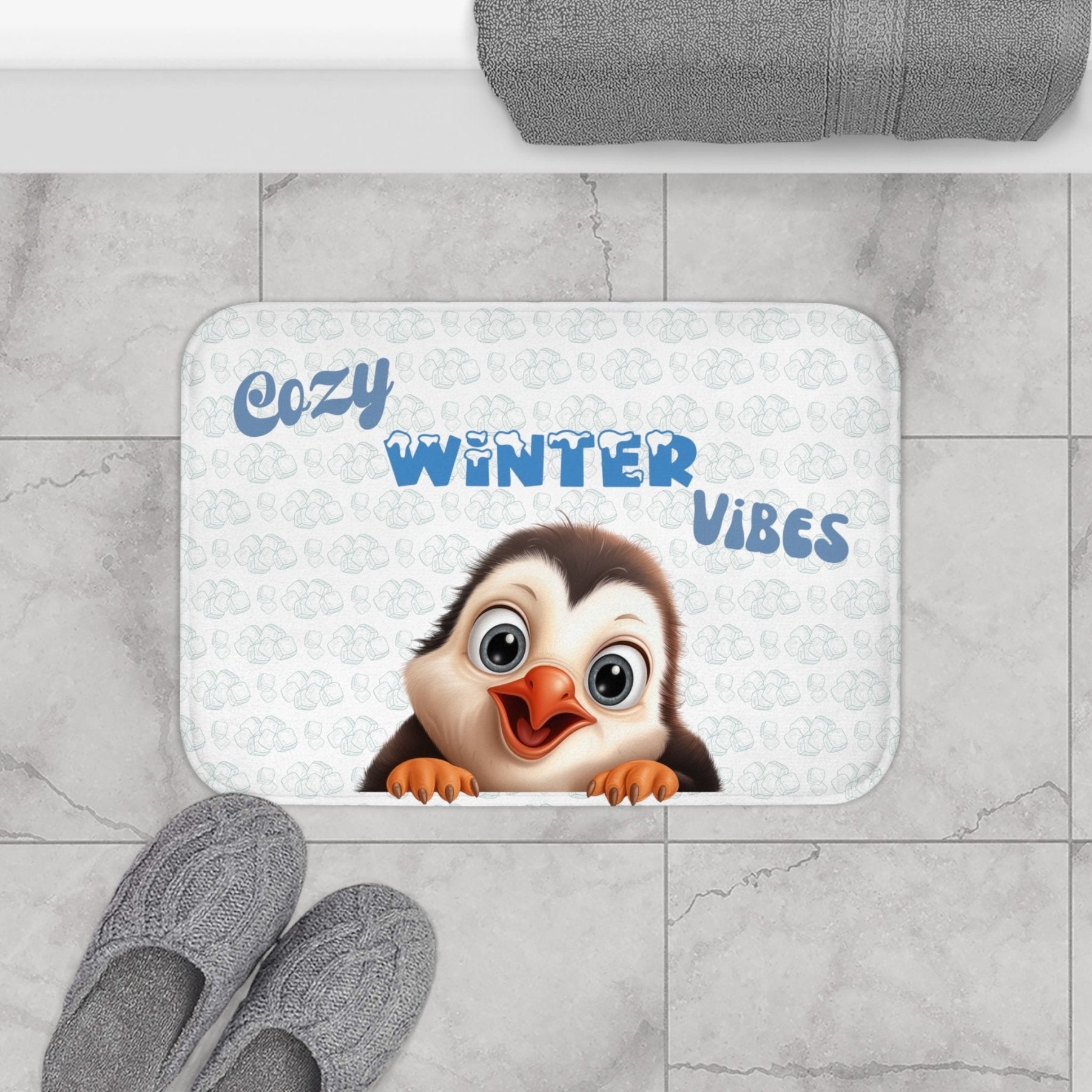 Bath Mat, Winter, Cozy Winter Vibes, White, Penguin 1 - Janlyn's Crafts