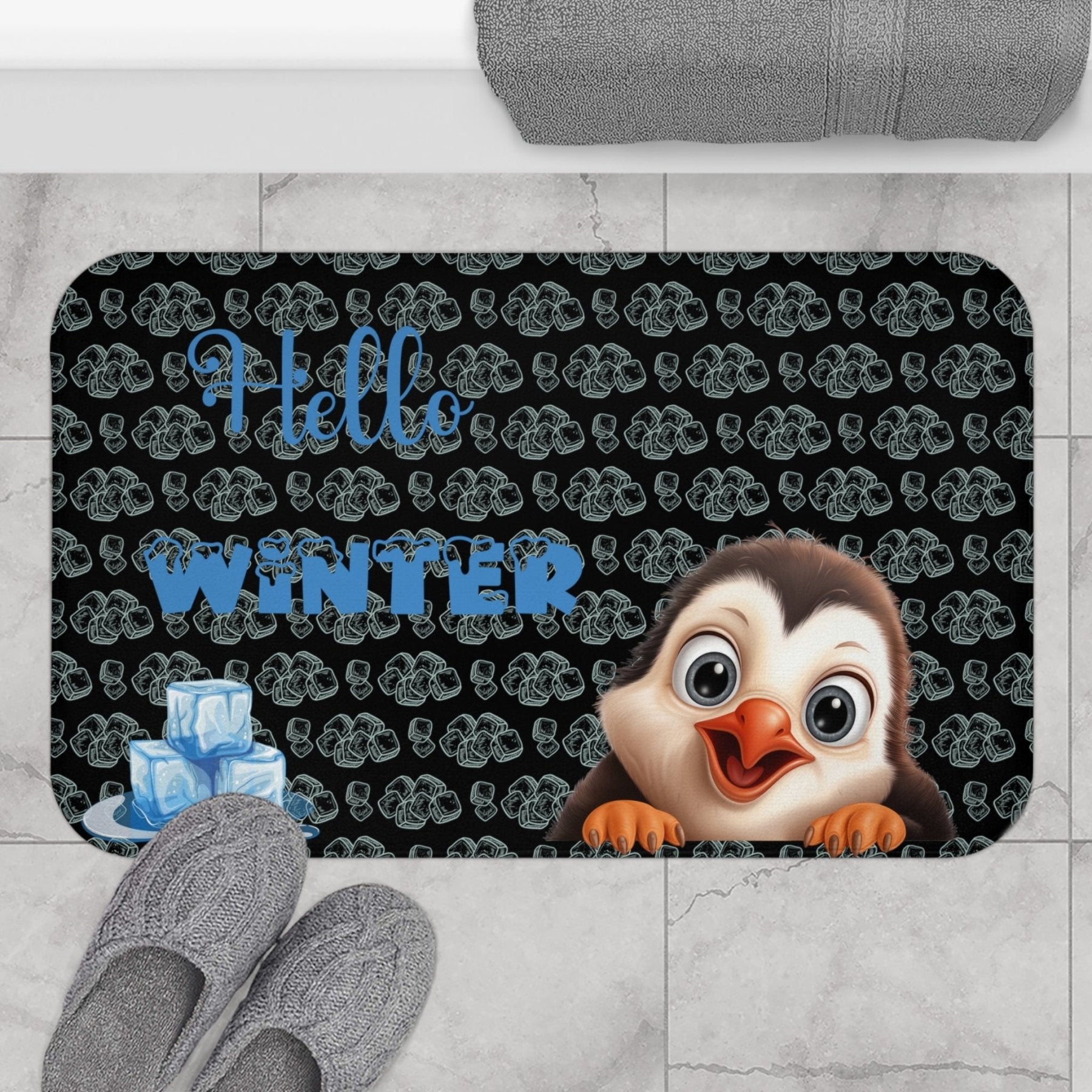 Bath Mat, Winter, Hello Winter, Black, Penguin 2 - Janlyn's Crafts