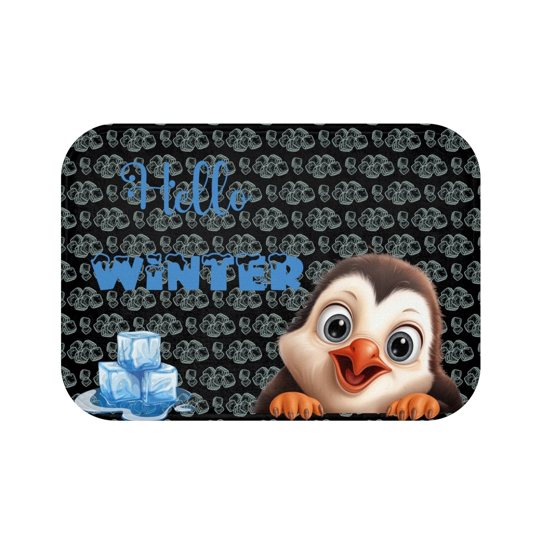 Bath Mat, Winter, Hello Winter, Black, Penguin 2 - Janlyn's Crafts