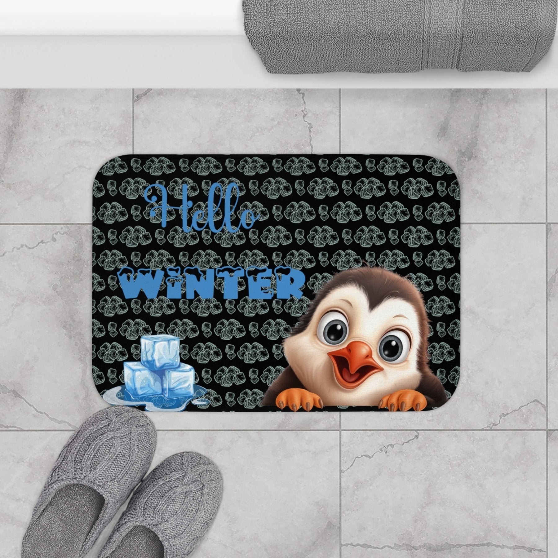 Bath Mat, Winter, Hello Winter, Black, Penguin 2 - Janlyn's Crafts