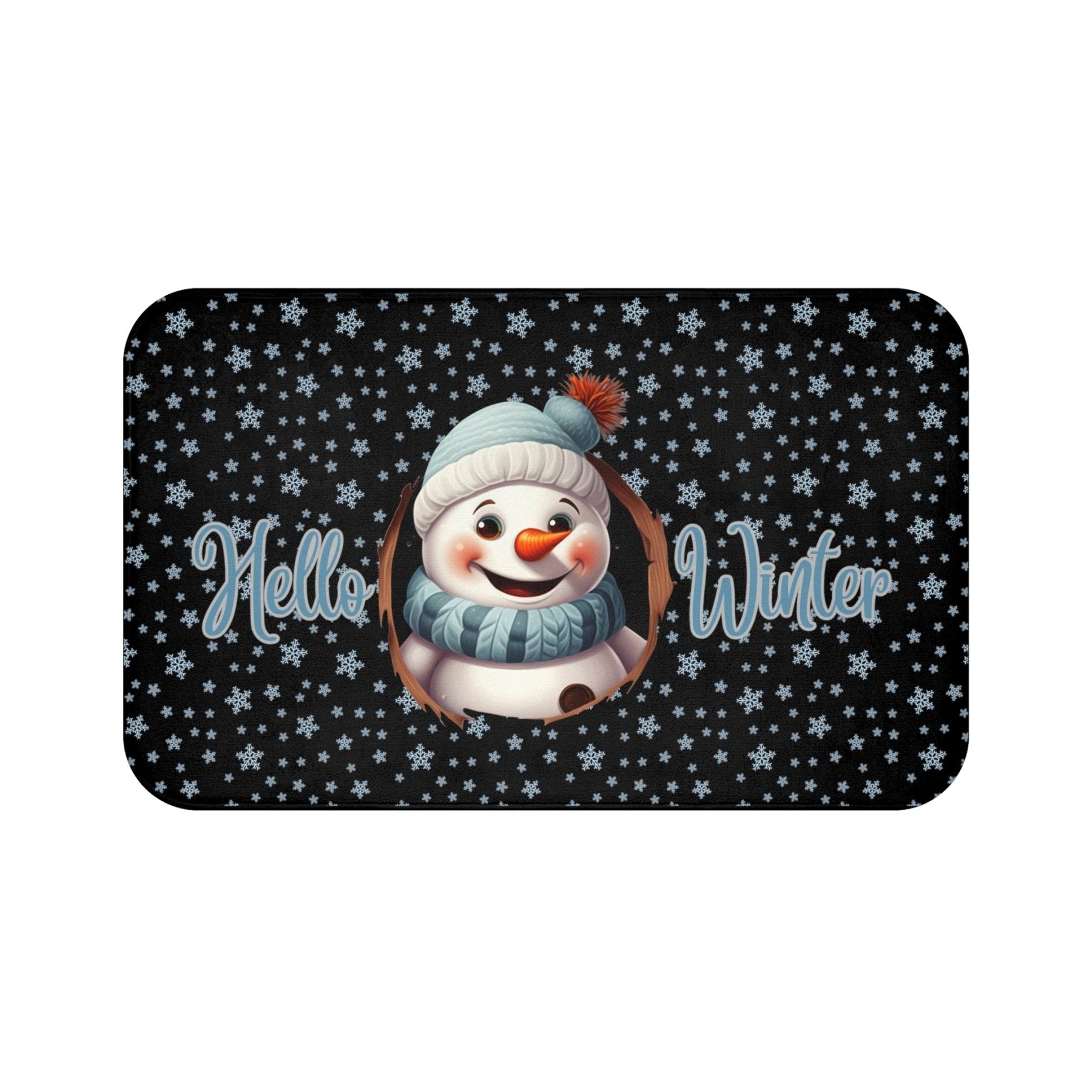 Bath Mat, Winter, Hello Winter, Black, Snowman 1 - Janlyn's Crafts