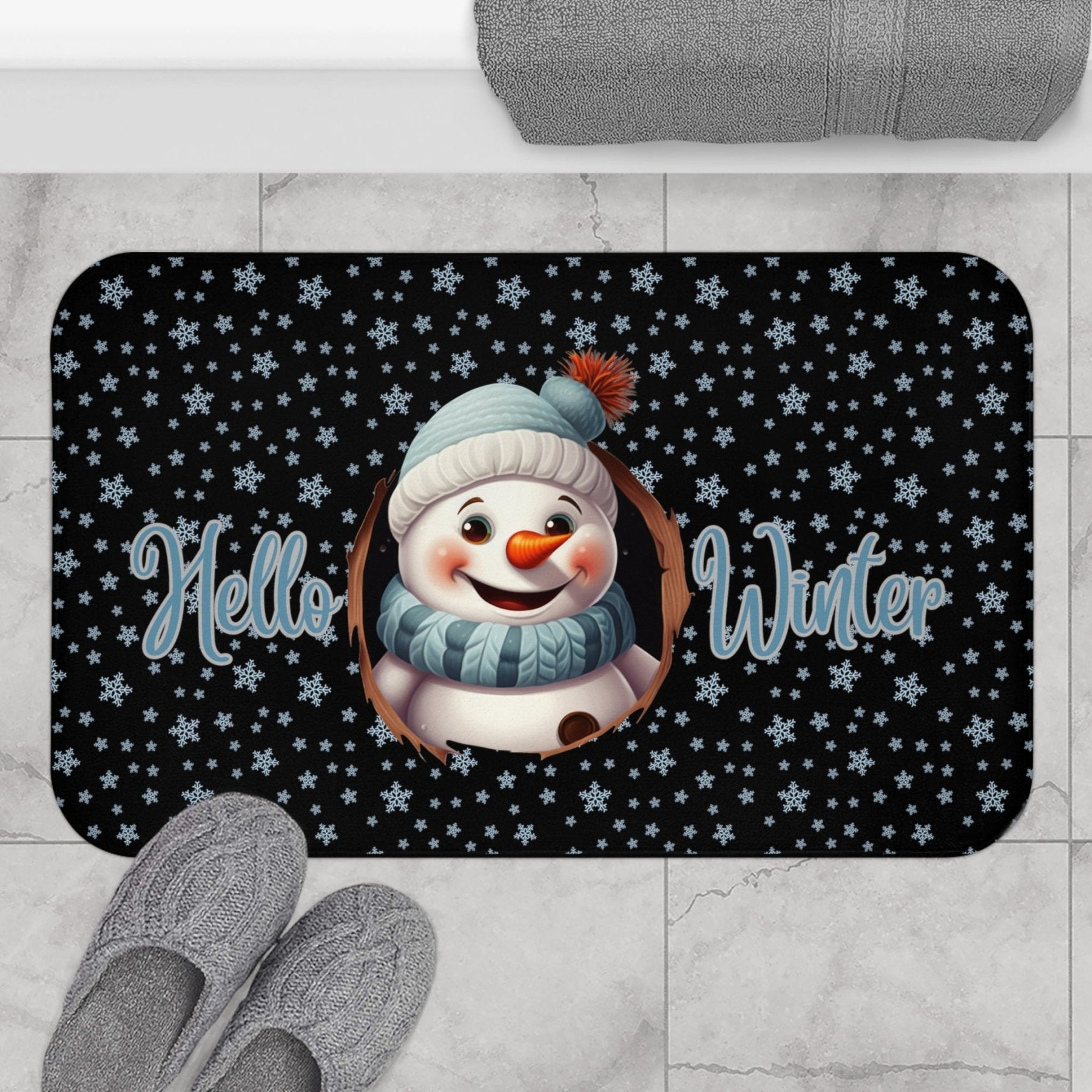 Bath Mat, Winter, Hello Winter, Black, Snowman 1 - Janlyn's Crafts