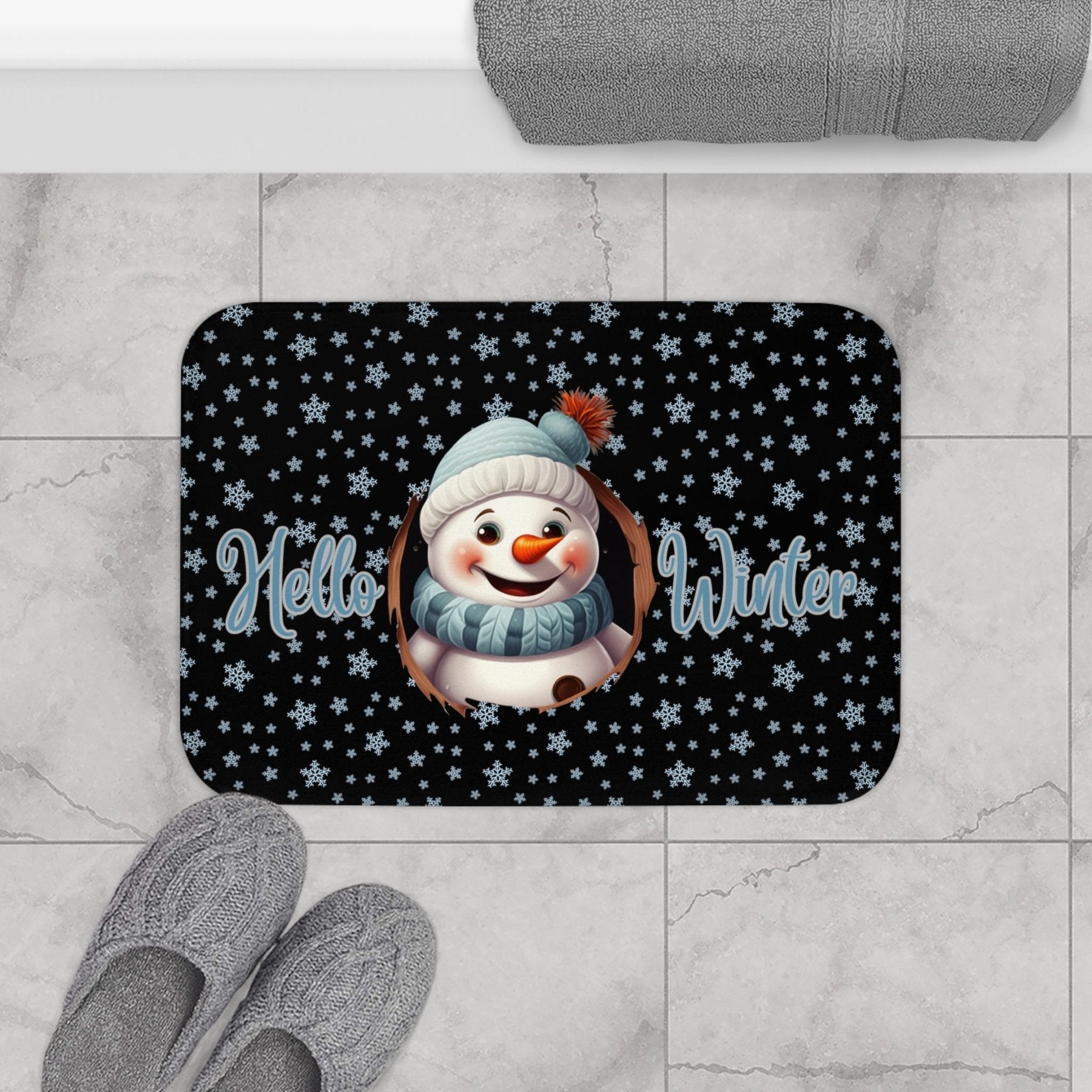 Bath Mat, Winter, Hello Winter, Black, Snowman 1 - Janlyn's Crafts