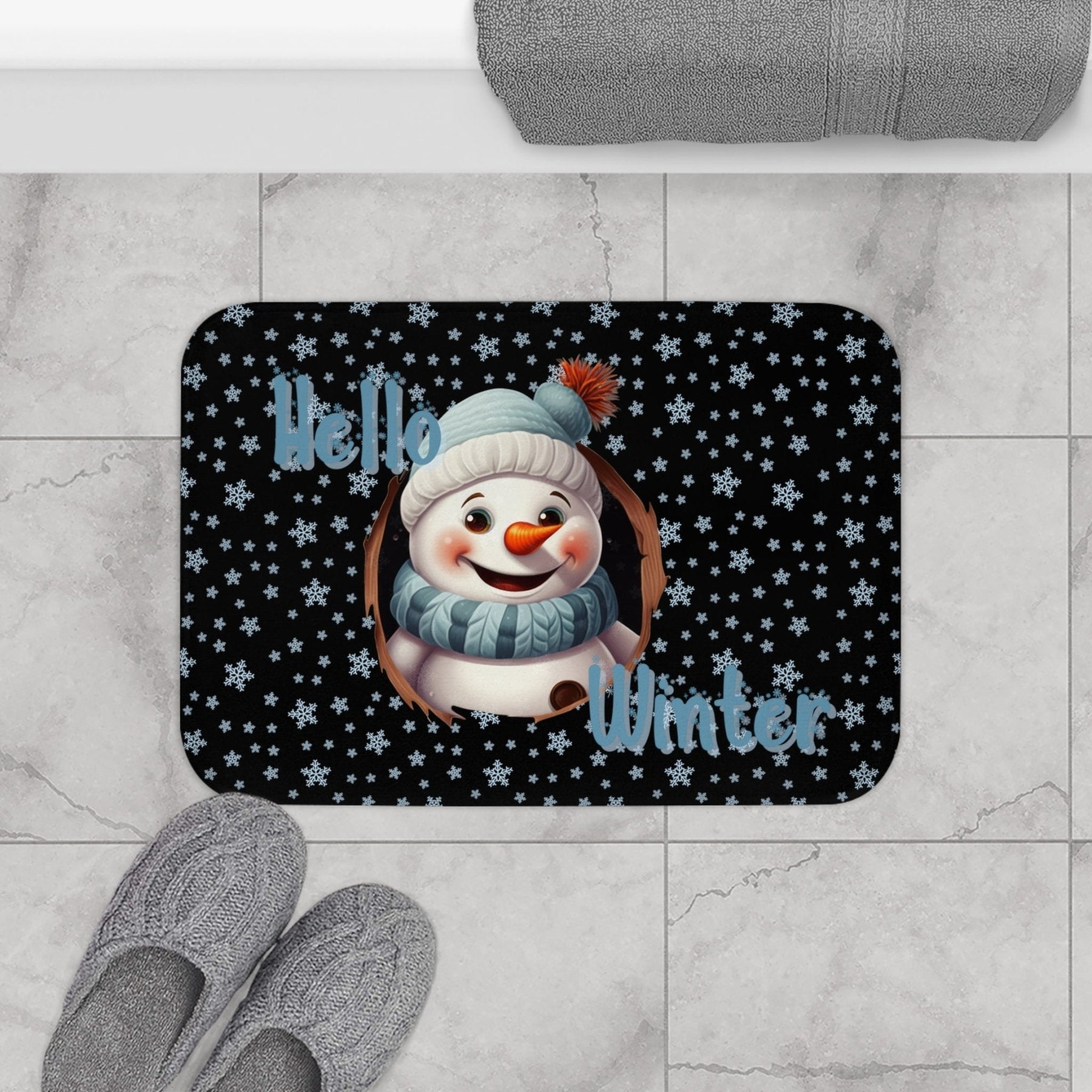 Bath Mat, Winter, Hello Winter, Black, Snowman 2 - Janlyn's Crafts