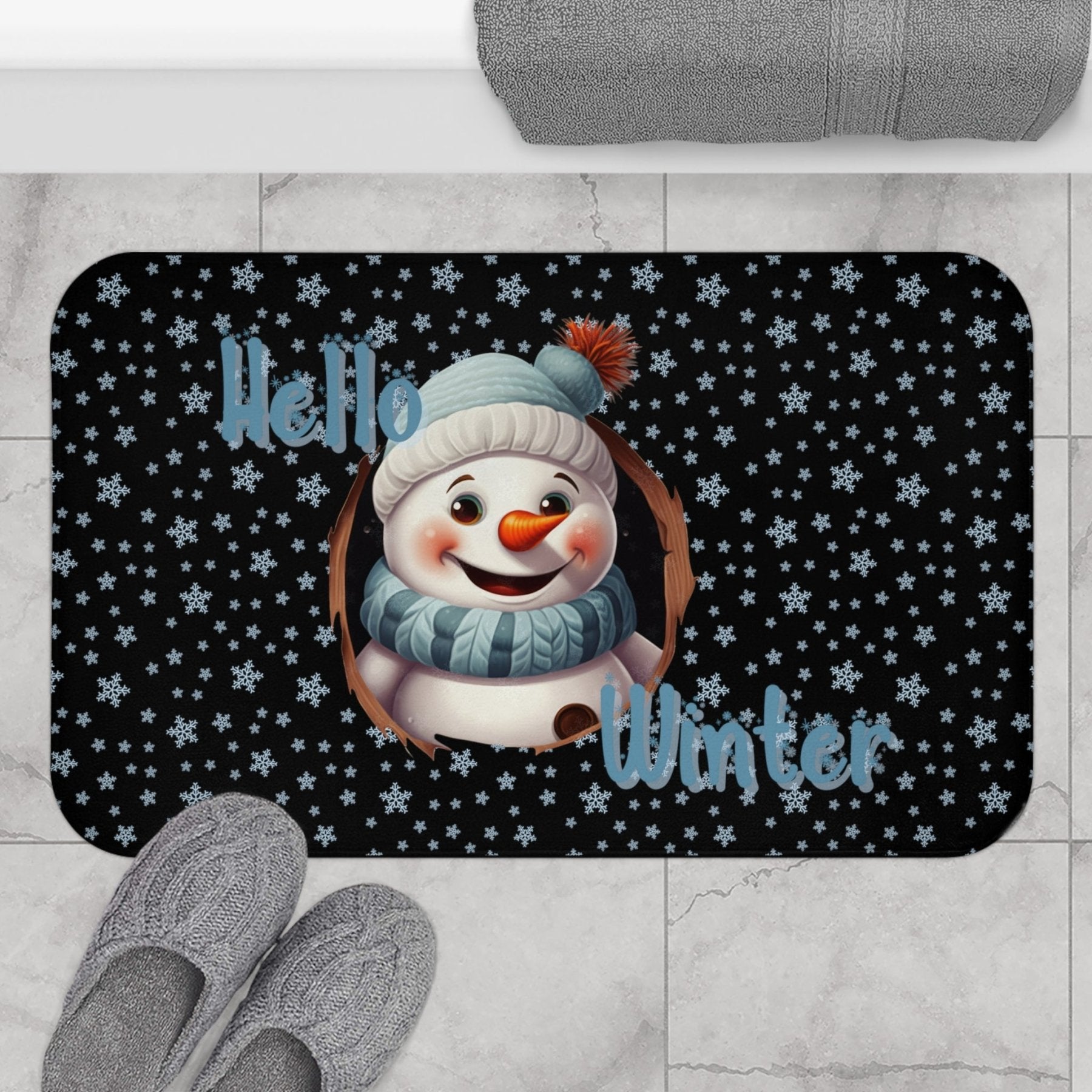 Bath Mat, Winter, Hello Winter, Black, Snowman 2 - Janlyn's Crafts