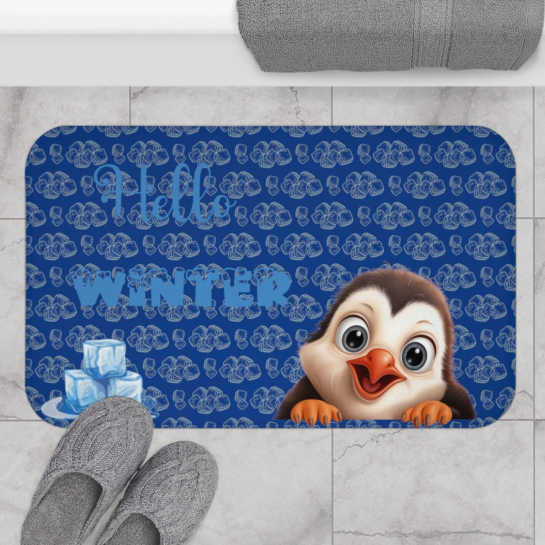 Bath Mat, Winter, Hello Winter, Dark Blue, Penguin 2 - Janlyn's Crafts