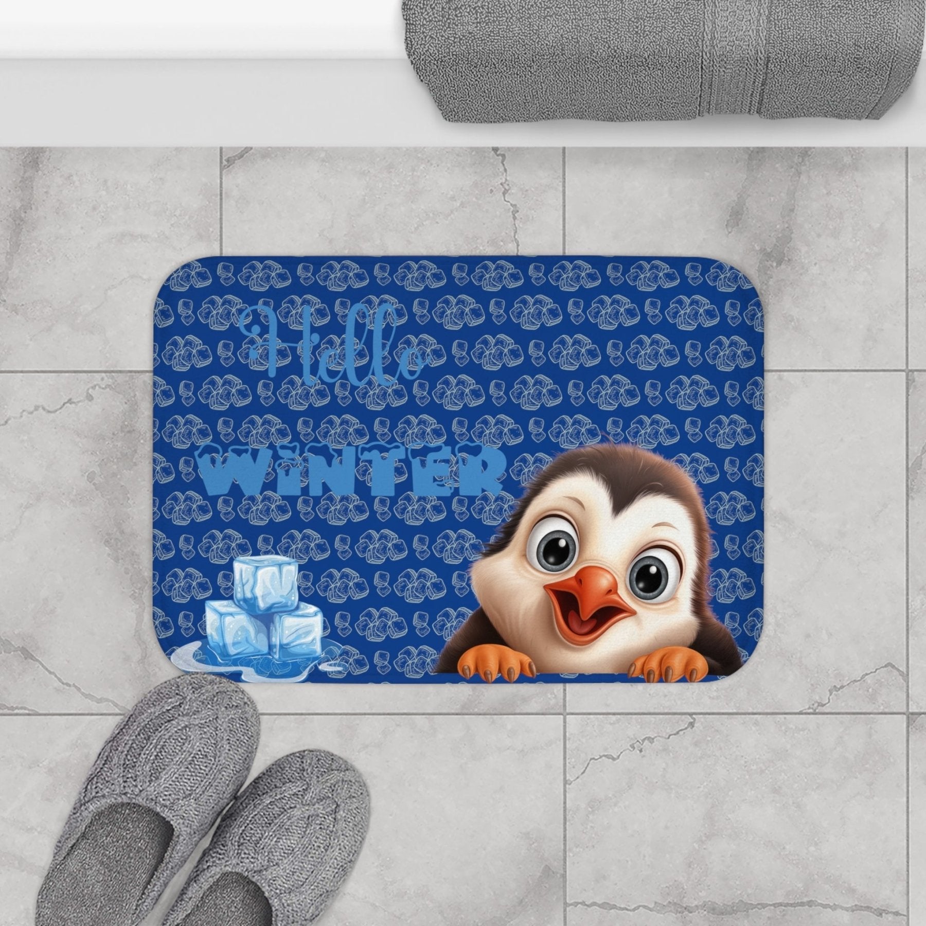 Bath Mat, Winter, Hello Winter, Dark Blue, Penguin 2 - Janlyn's Crafts