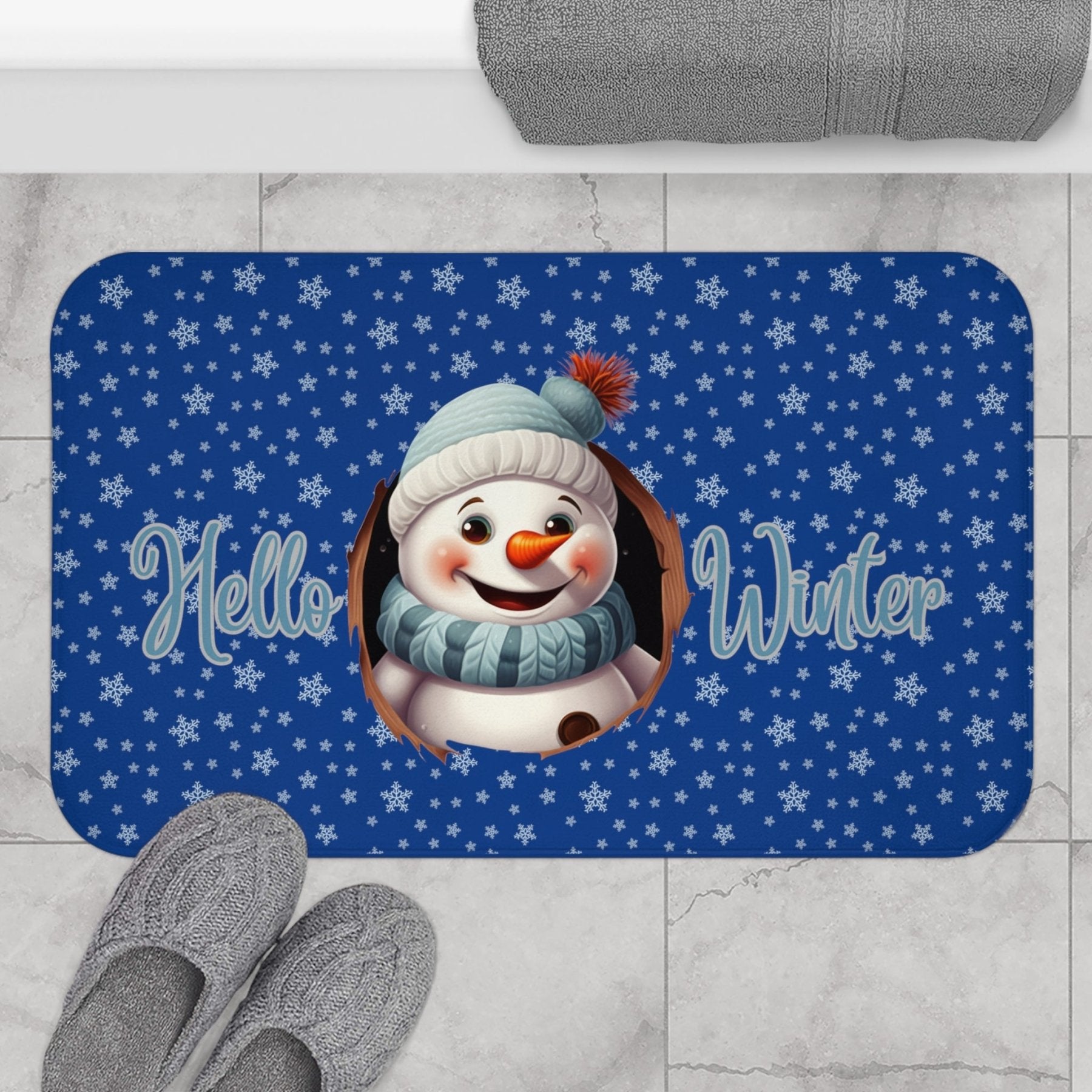 Bath Mat, Winter, Hello Winter, Dark Blue, Snowman 1 - Janlyn's Crafts