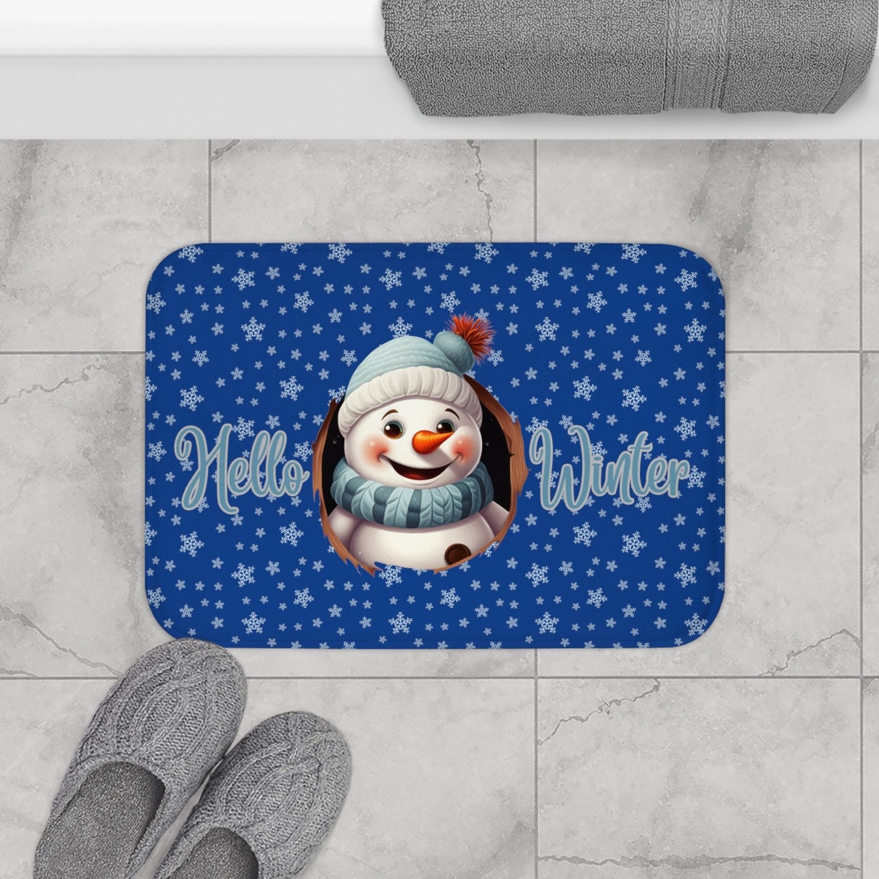 Bath Mat, Winter, Hello Winter, Dark Blue, Snowman 1 - Janlyn's Crafts