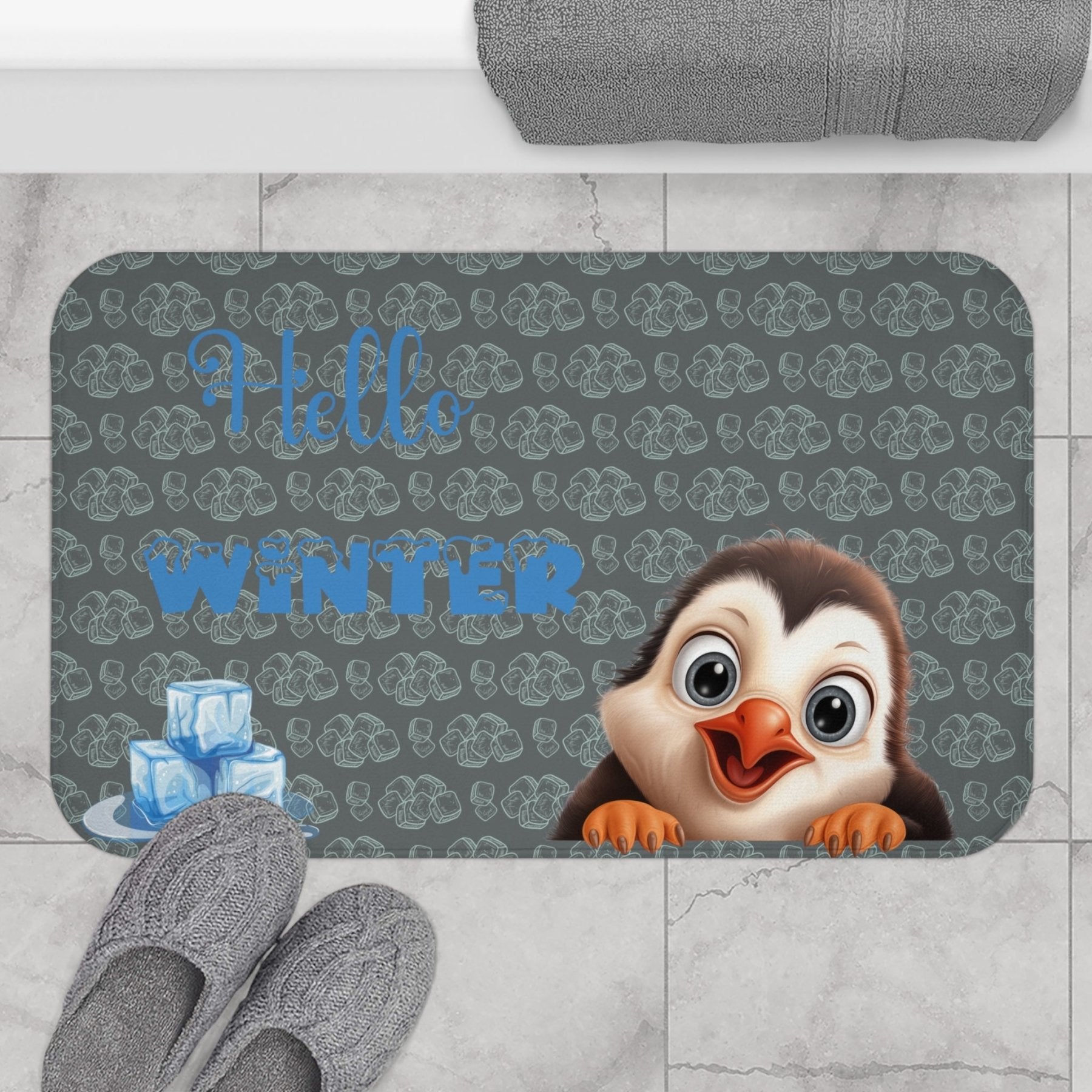 Bath Mat, Winter, Hello Winter, Dark Gray, Penguin 2 - Janlyn's Crafts