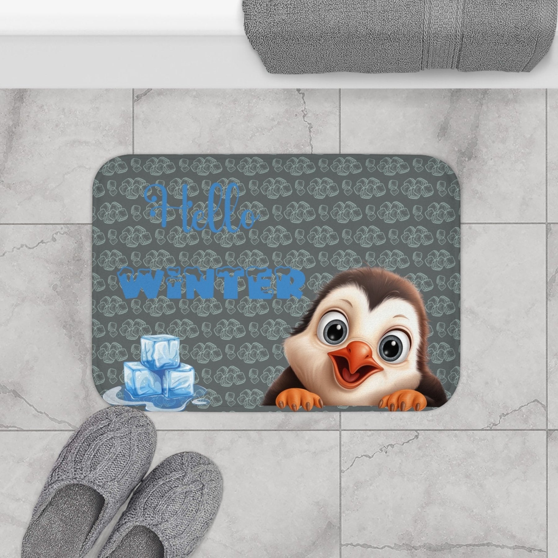 Bath Mat, Winter, Hello Winter, Dark Gray, Penguin 2 - Janlyn's Crafts