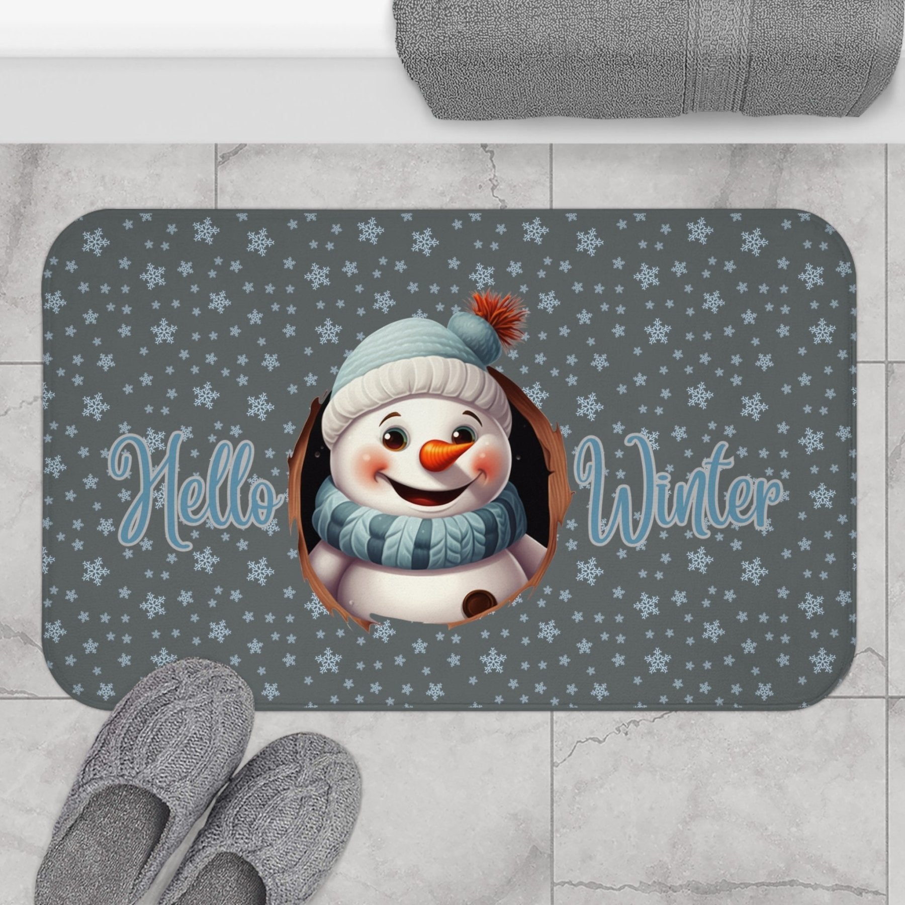 Bath Mat, Winter, Hello Winter, Dark Gray, Snowman 1 - Janlyn's Crafts