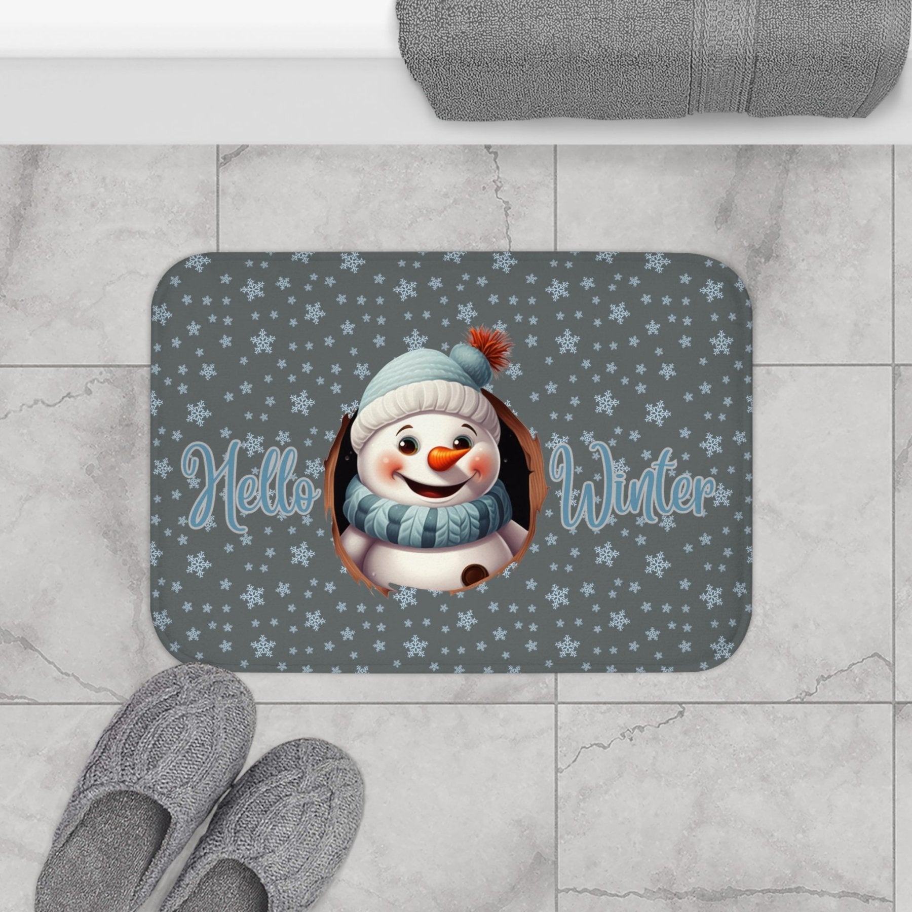 Bath Mat, Winter, Hello Winter, Dark Gray, Snowman 1 - Janlyn's Crafts