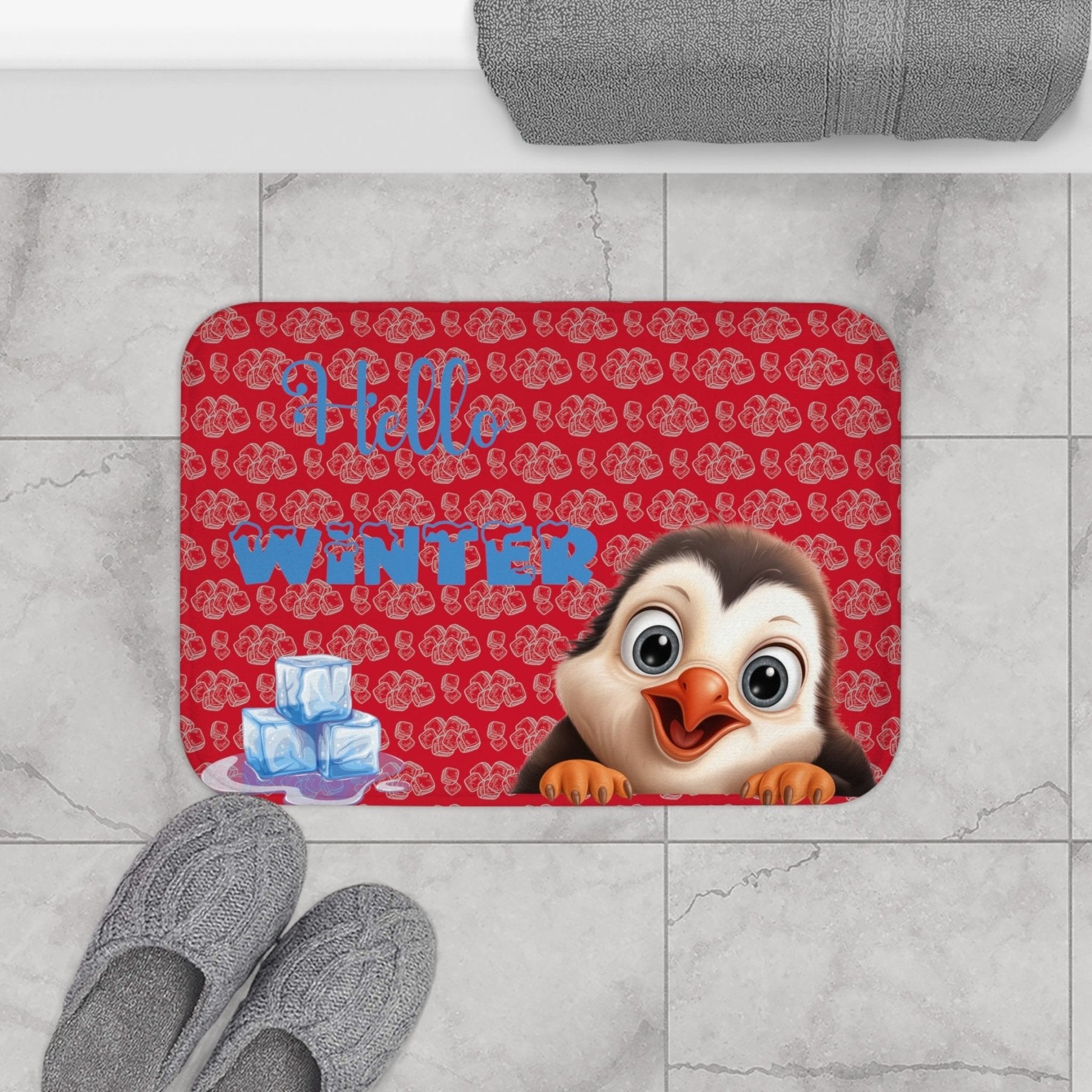 Bath Mat, Winter, Hello Winter, Dark Red, Penguin 2 - Janlyn's Crafts