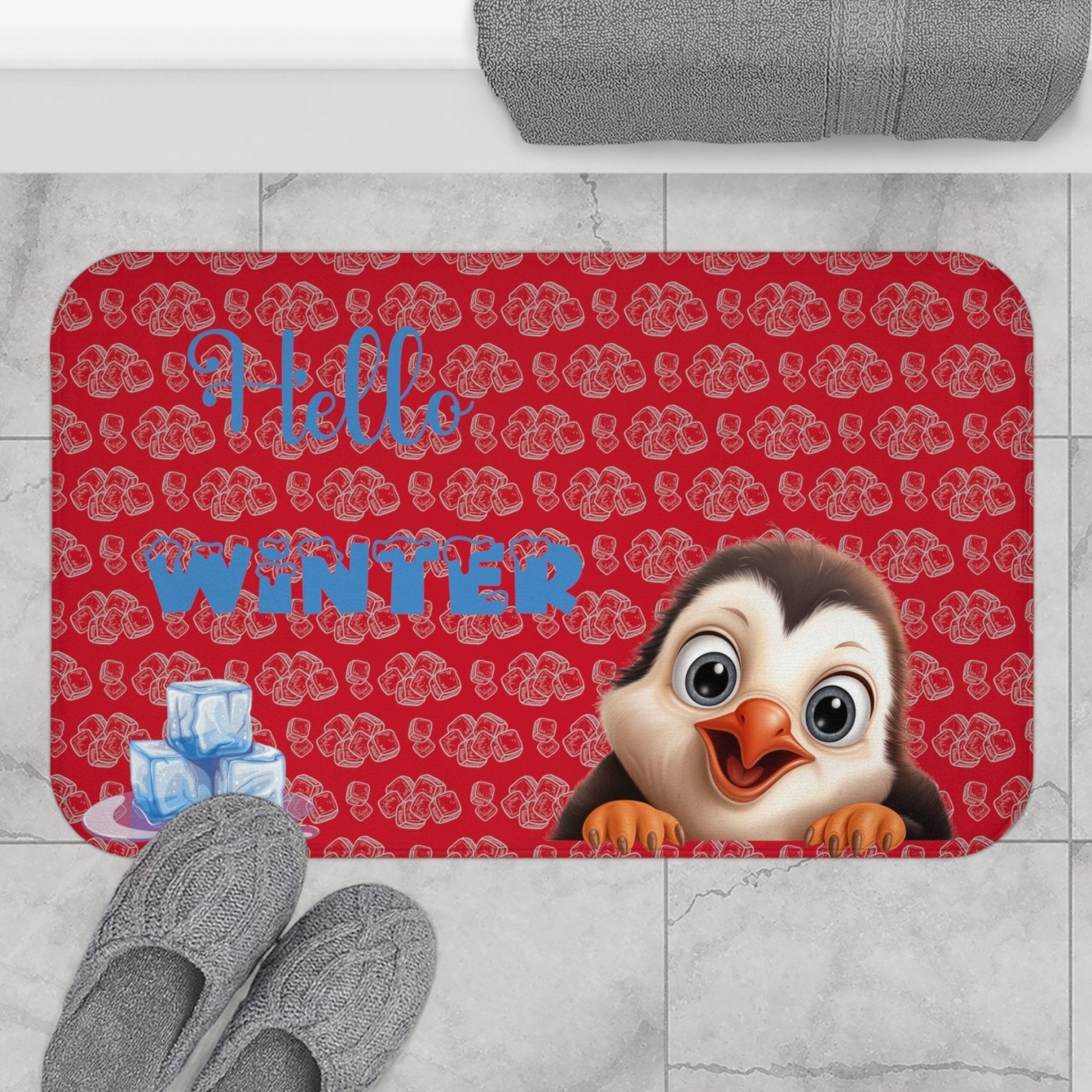 Bath Mat, Winter, Hello Winter, Dark Red, Penguin 2 - Janlyn's Crafts