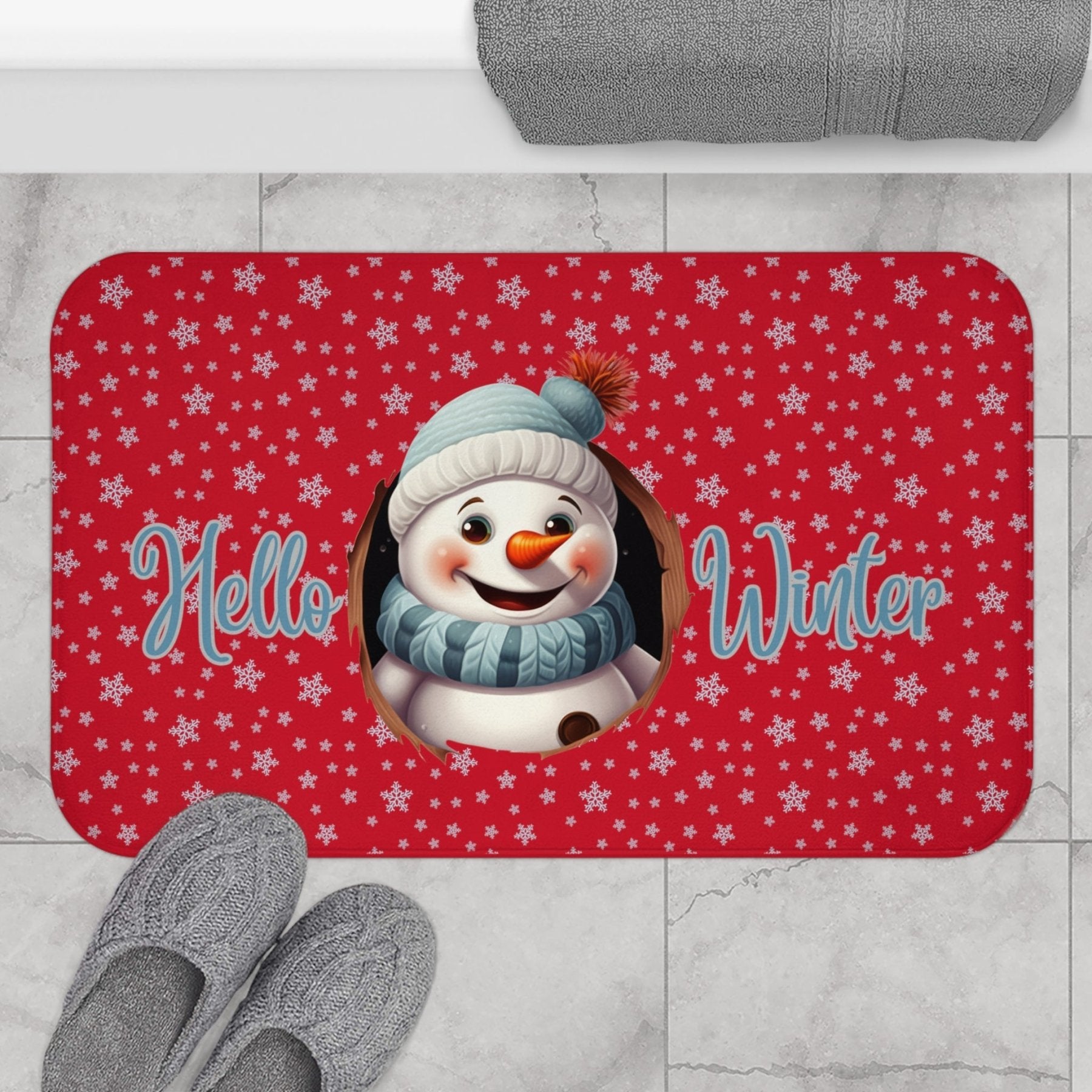 Bath Mat, Winter, Hello Winter, Dark Red, Snowman 1 - Janlyn's Crafts