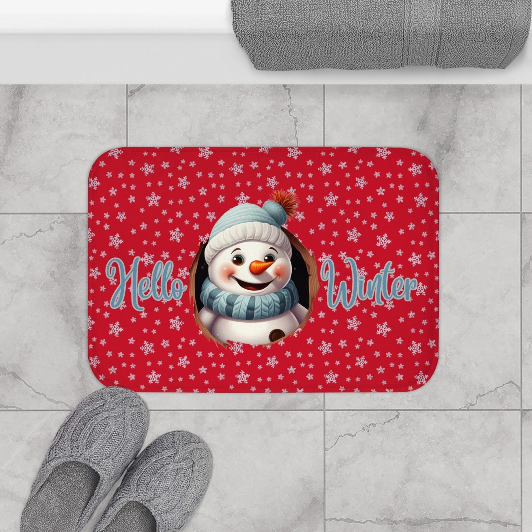 Bath Mat, Winter, Hello Winter, Dark Red, Snowman 1 - Janlyn's Crafts