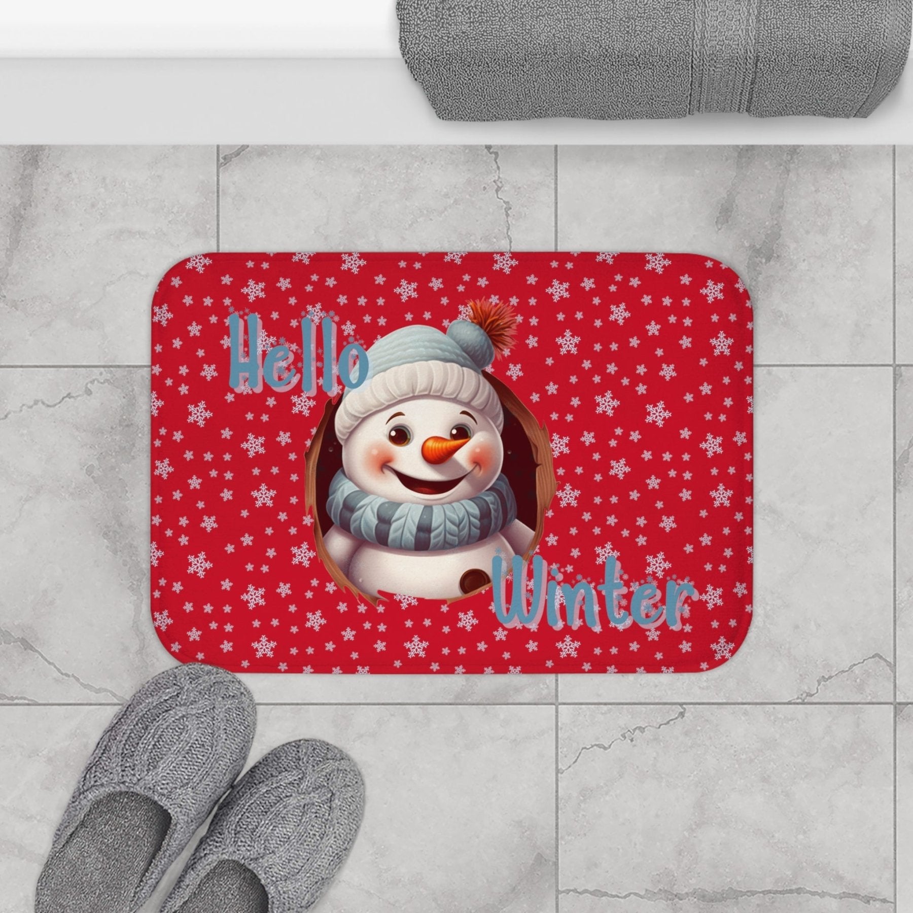 Bath Mat, Winter, Hello Winter, Dark Red, Snowman 2 - Janlyn's Crafts