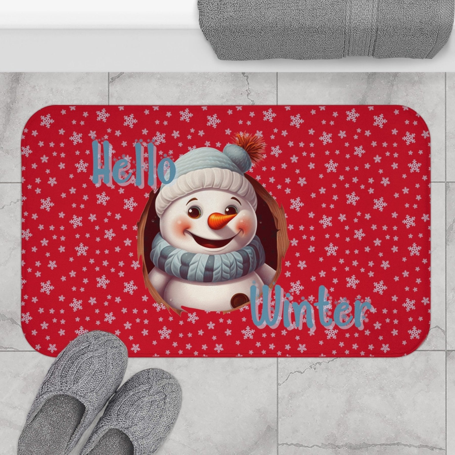 Bath Mat, Winter, Hello Winter, Dark Red, Snowman 2 - Janlyn's Crafts