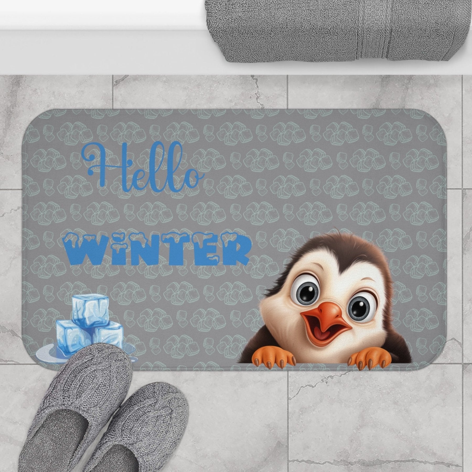 Bath Mat, Winter, Hello Winter, Gray, Penguin 2 - Janlyn's Crafts