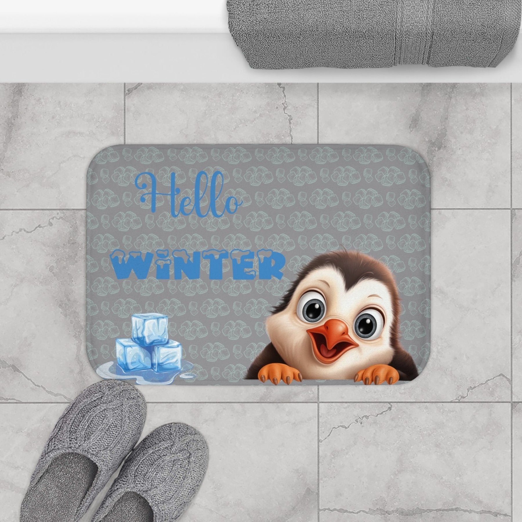 Bath Mat, Winter, Hello Winter, Gray, Penguin 2 - Janlyn's Crafts