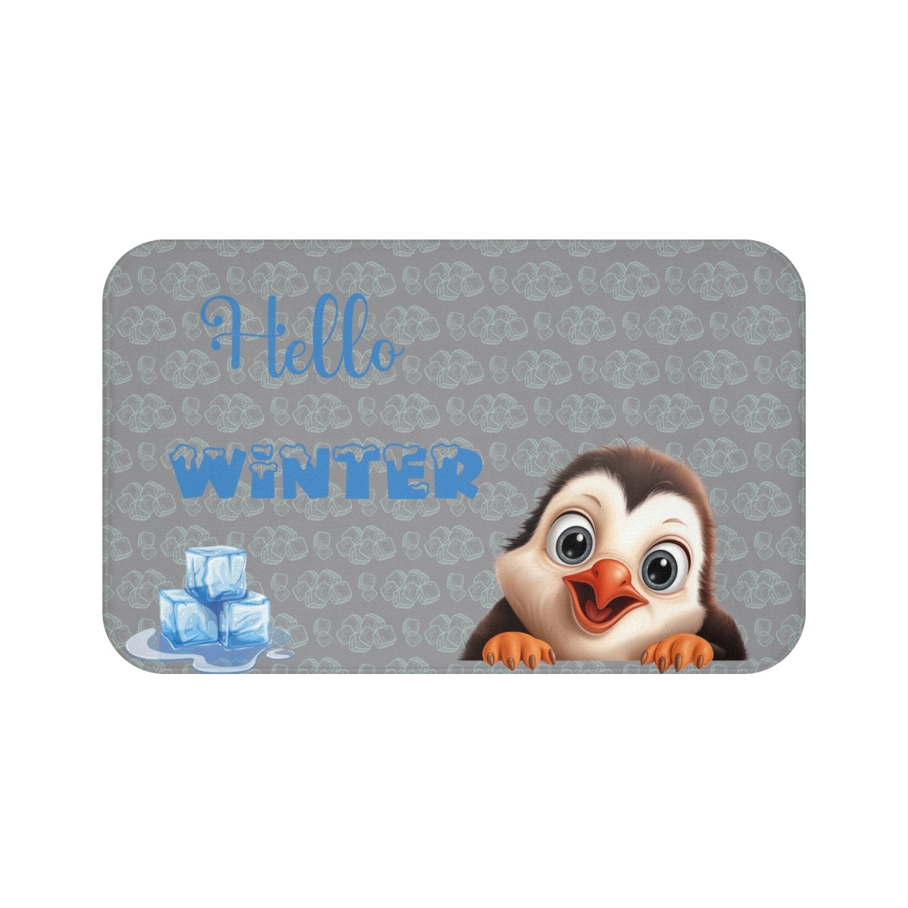 Bath Mat, Winter, Hello Winter, Gray, Penguin 2 - Janlyn's Crafts