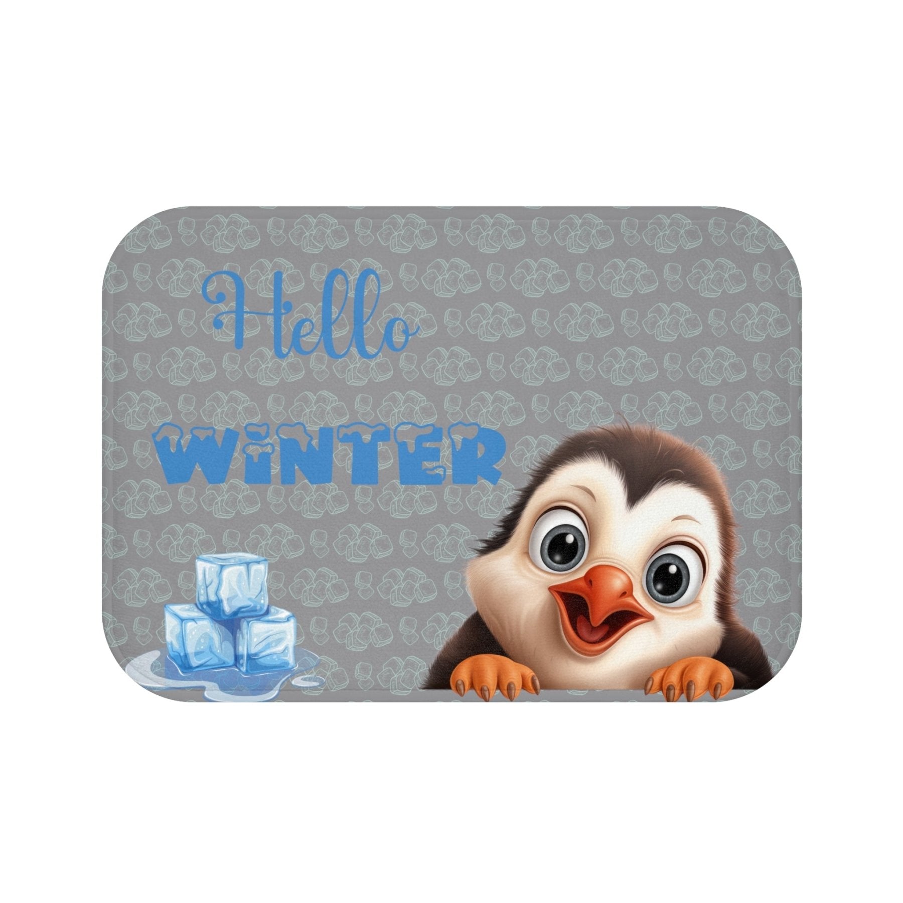 Bath Mat, Winter, Hello Winter, Gray, Penguin 2 - Janlyn's Crafts