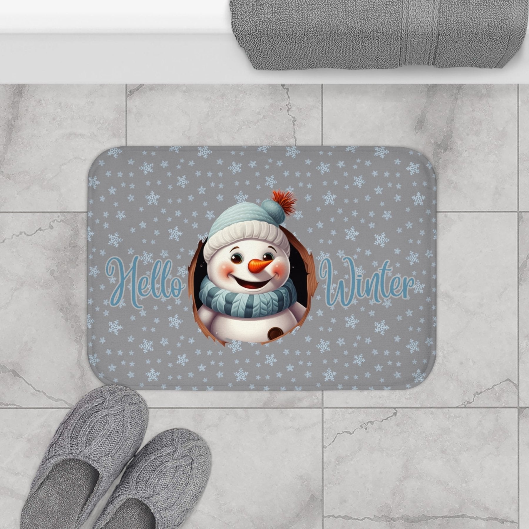 Bath Mat, Winter, Hello Winter, Gray, Snowman 1 - Janlyn's Crafts