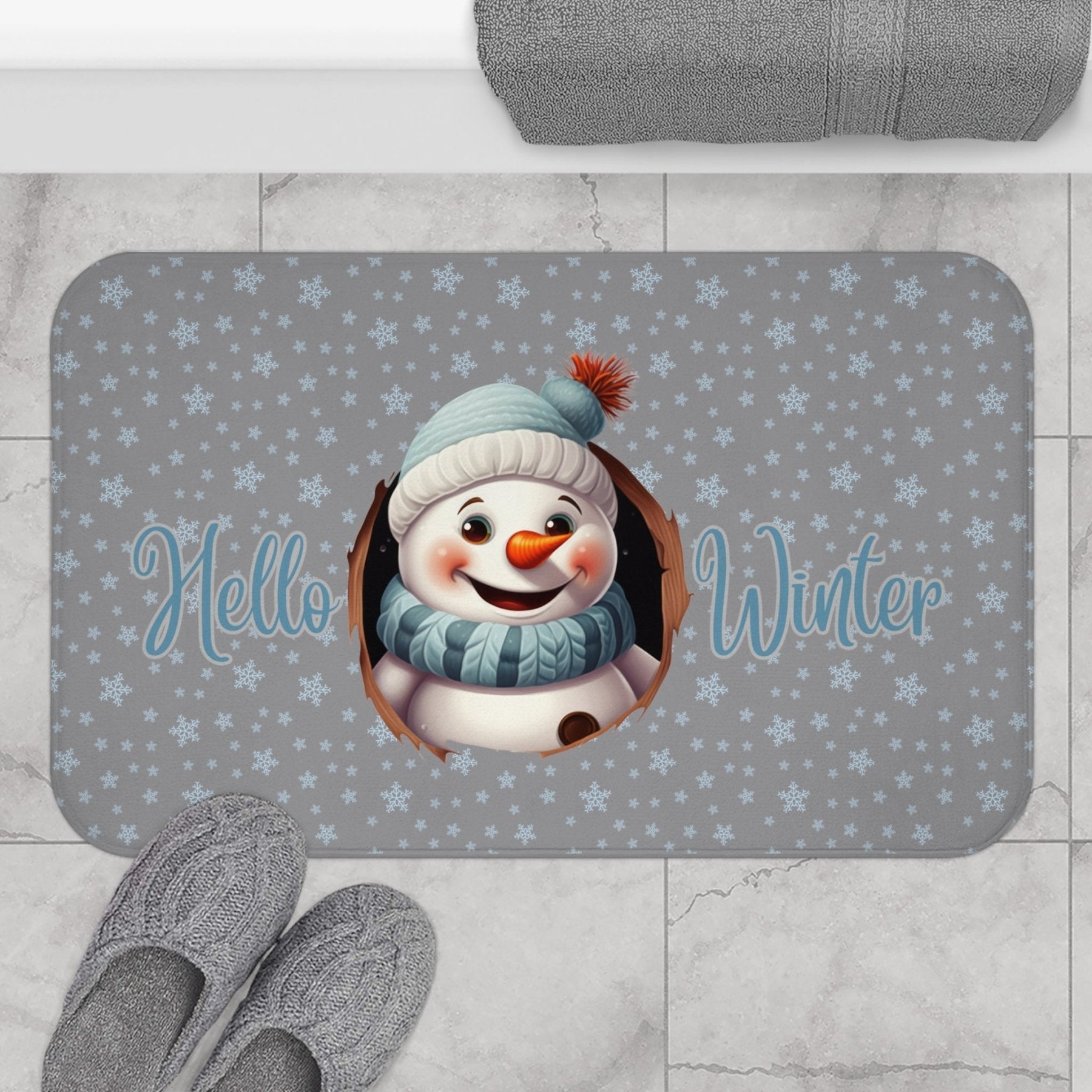 Bath Mat, Winter, Hello Winter, Gray, Snowman 1 - Janlyn's Crafts