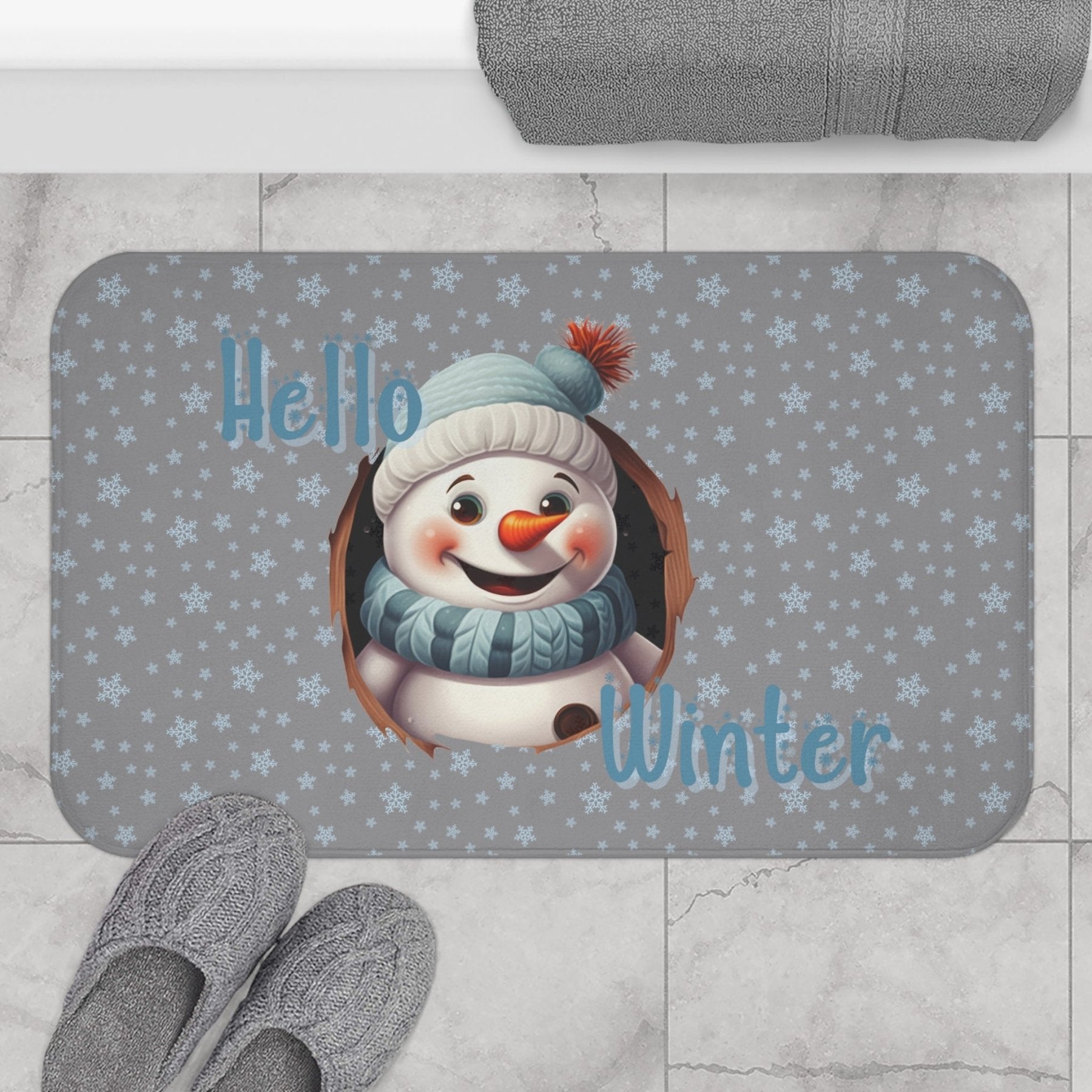 Bath Mat, Winter, Hello Winter, Gray, Snowman 2 - Janlyn's Crafts