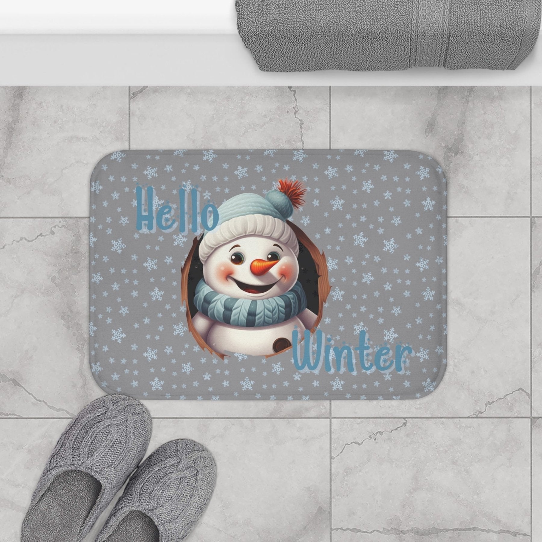 Bath Mat, Winter, Hello Winter, Gray, Snowman 2 - Janlyn's Crafts