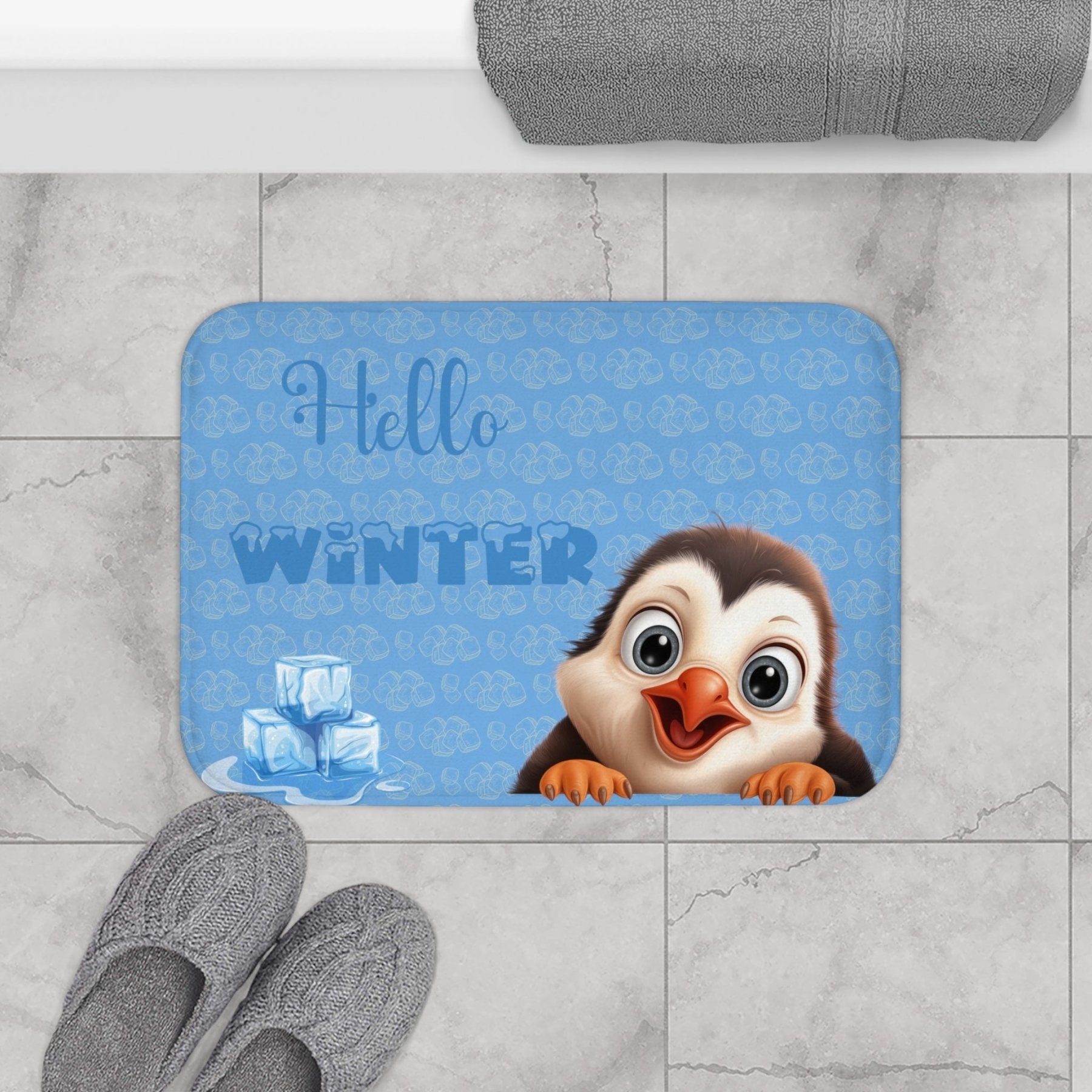 Bath Mat, Winter, Hello Winter, Light Blue, Penguin 2 - Janlyn's Crafts