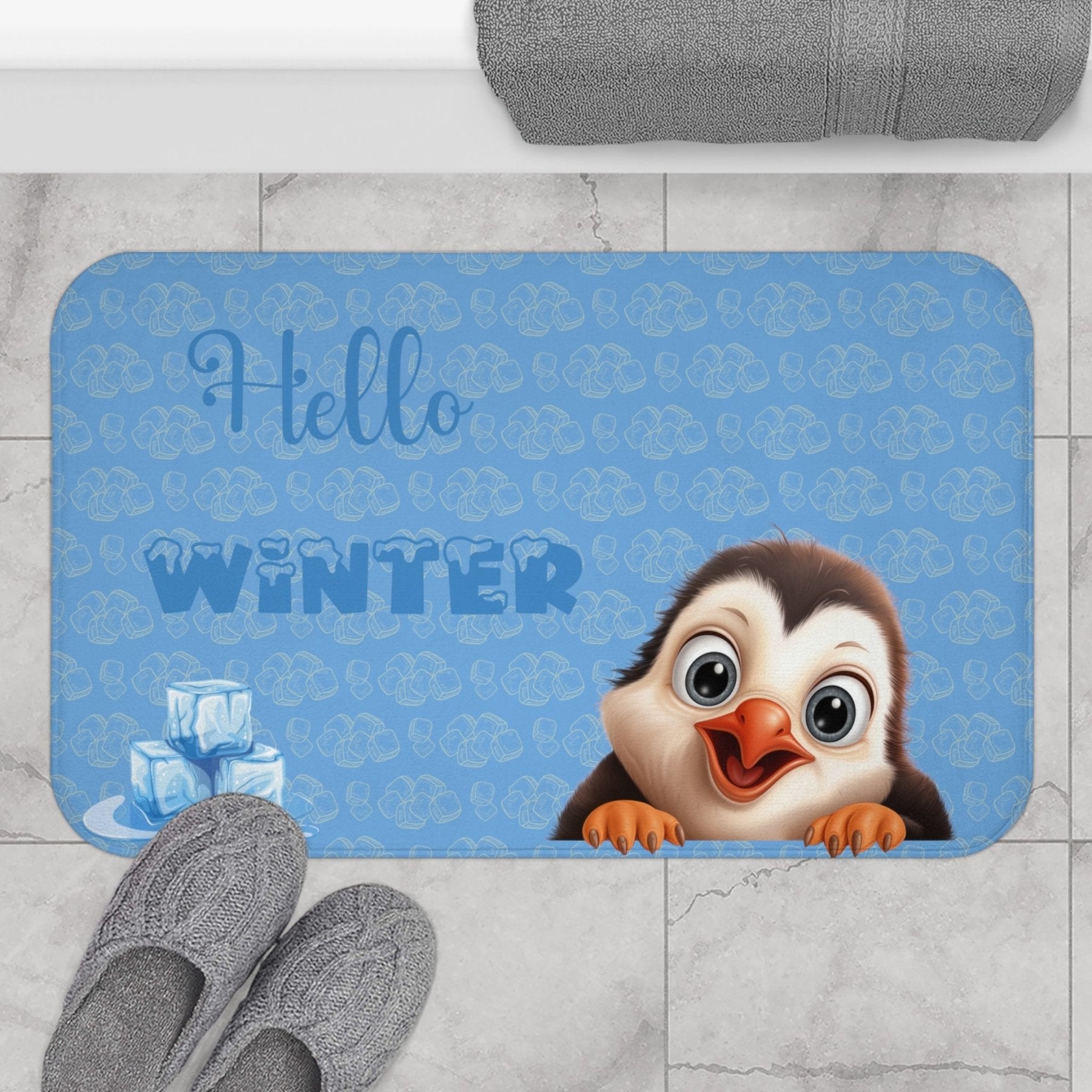 Bath Mat, Winter, Hello Winter, Light Blue, Penguin 2 - Janlyn's Crafts