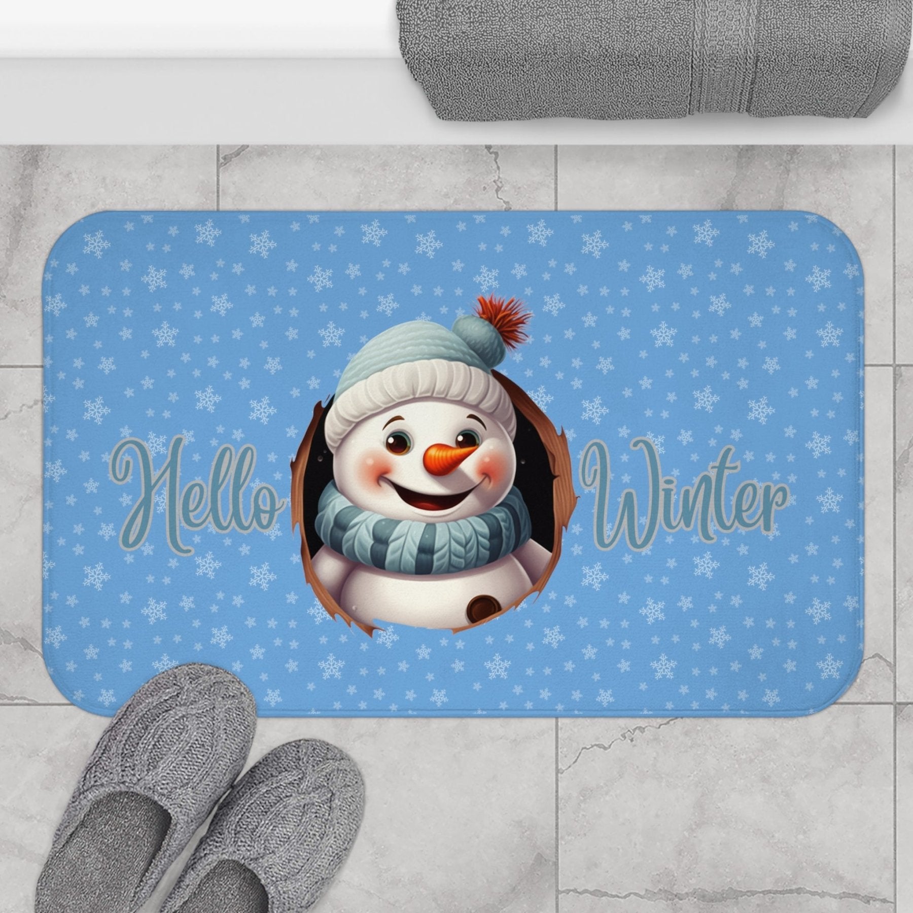 Bath Mat, Winter, Hello Winter, Light Blue, Snowman 1 - Janlyn's Crafts