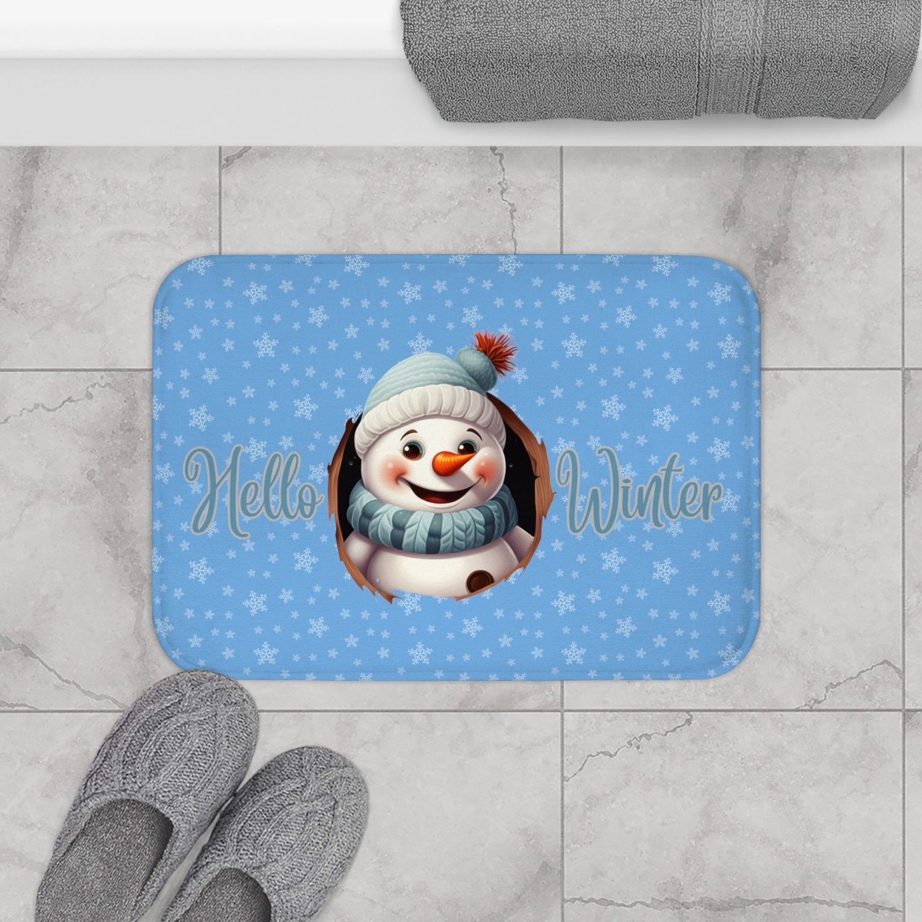 Bath Mat, Winter, Hello Winter, Light Blue, Snowman 1 - Janlyn's Crafts