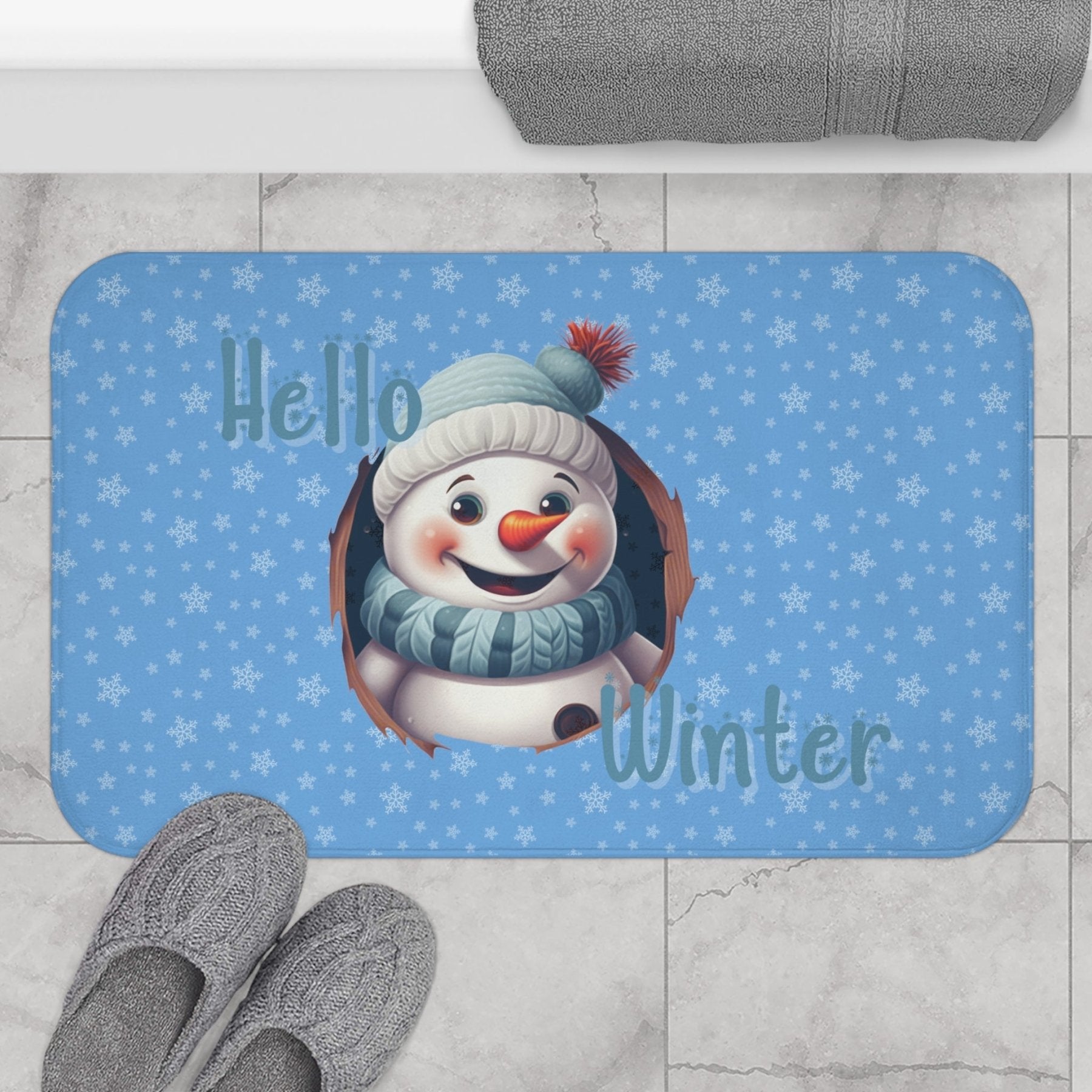 Bath Mat, Winter, Hello Winter, Light Blue, Snowman 2 - Janlyn's Crafts