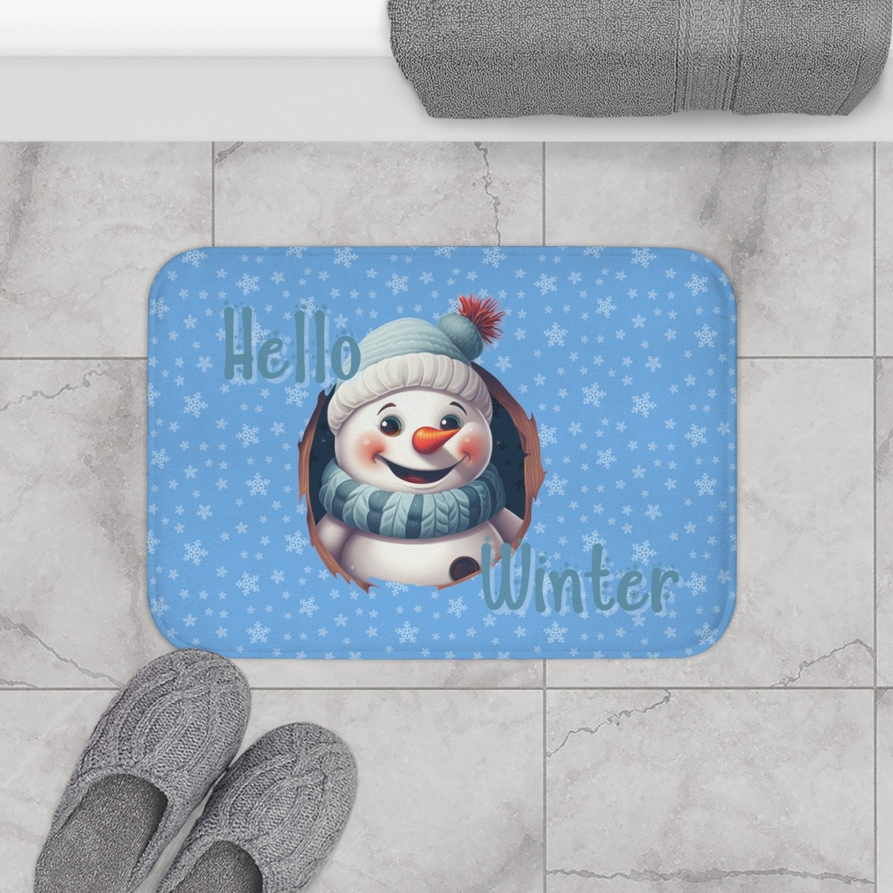 Bath Mat, Winter, Hello Winter, Light Blue, Snowman 2 - Janlyn's Crafts