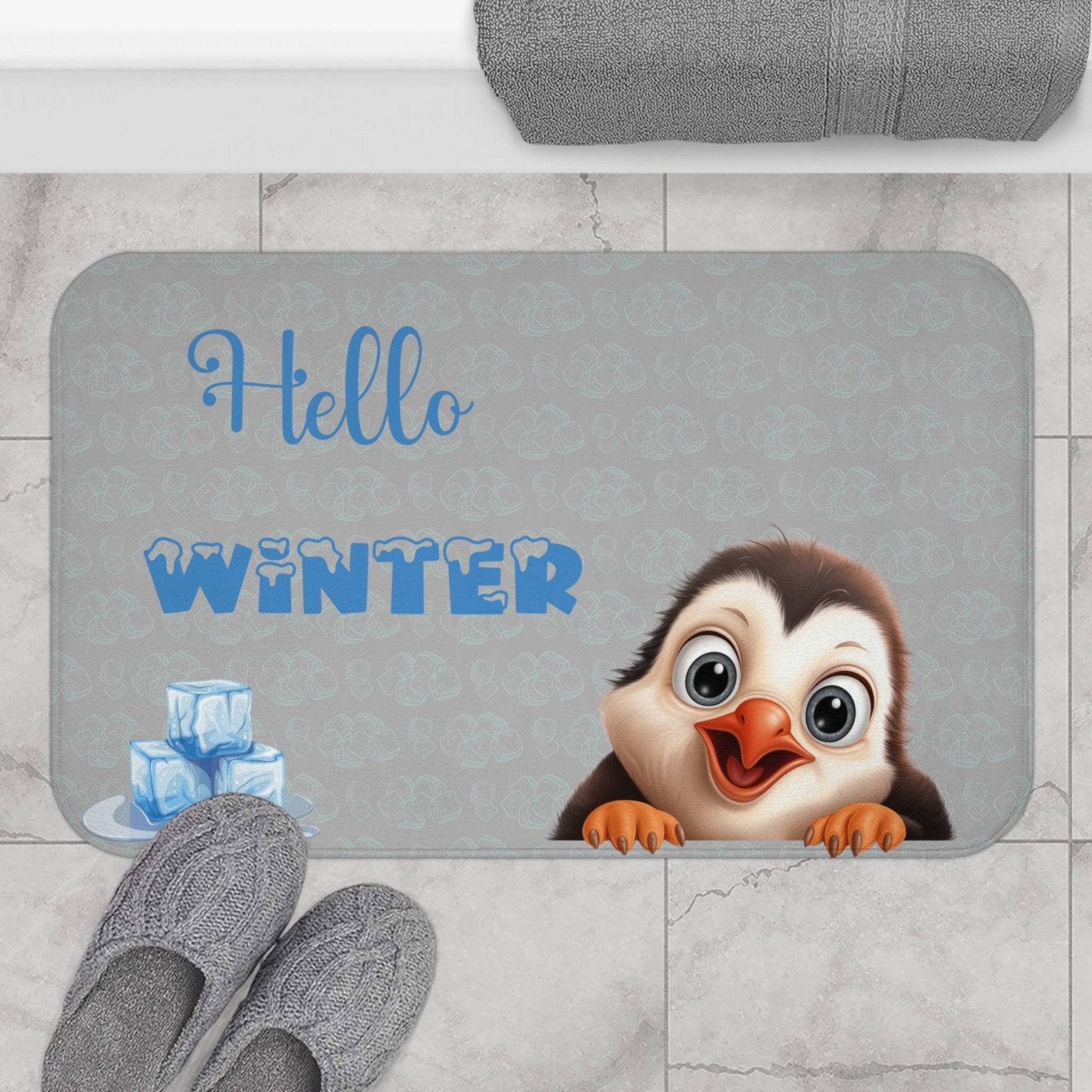 Bath Mat, Winter, Hello Winter, Light Gray, Penguin 2 - Janlyn's Crafts