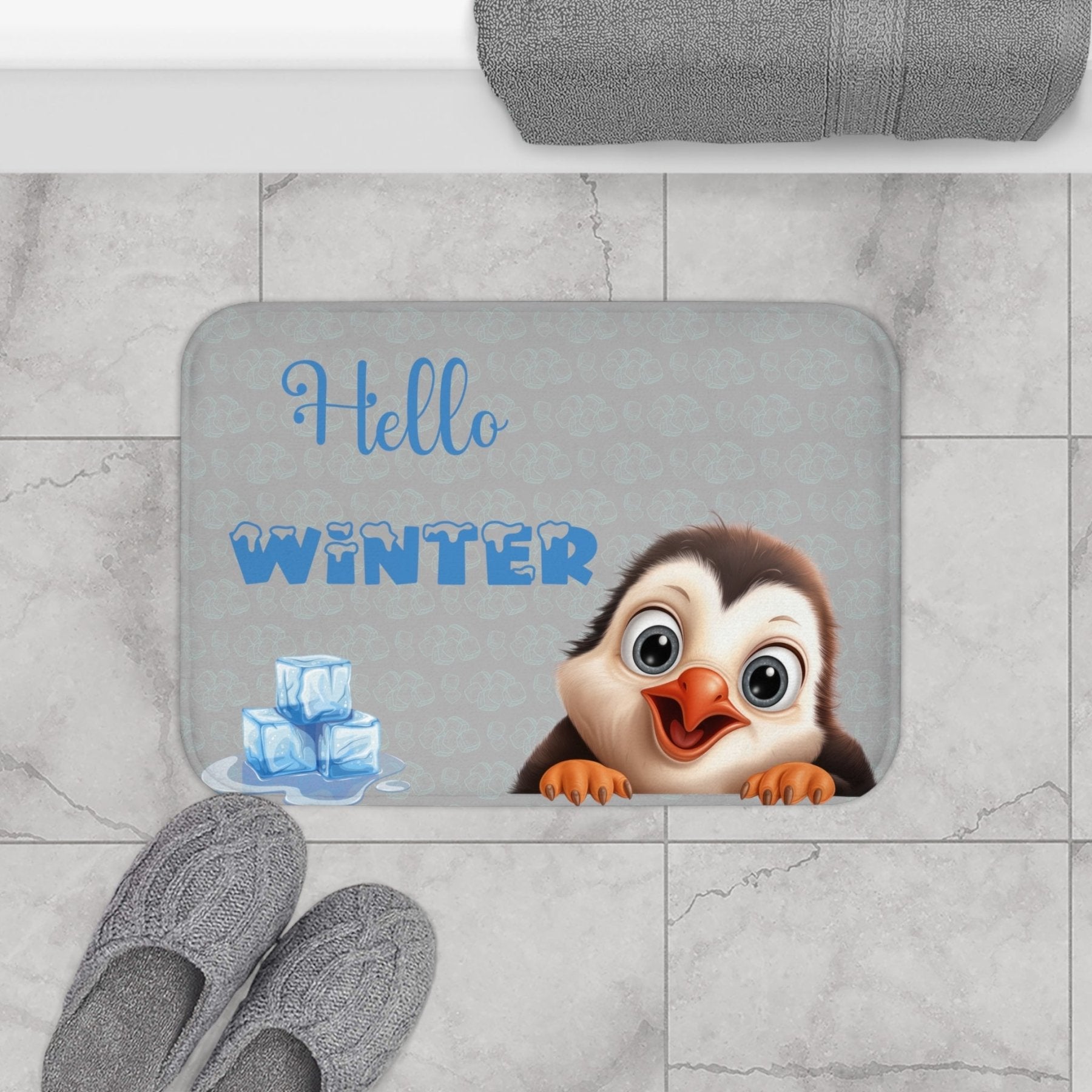 Bath Mat, Winter, Hello Winter, Light Gray, Penguin 2 - Janlyn's Crafts