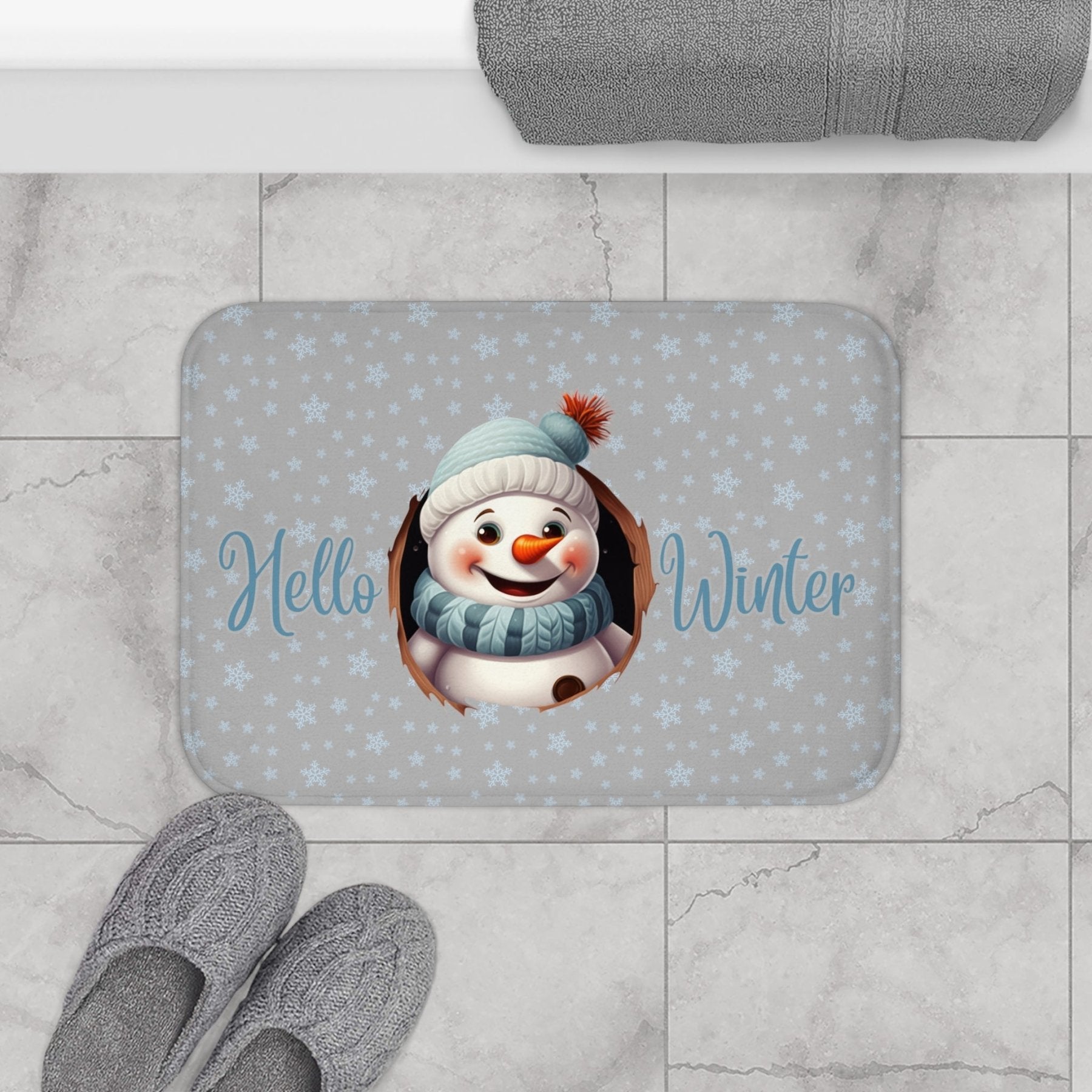 Bath Mat, Winter, Hello Winter, Light Gray, Snowman 1 - Janlyn's Crafts