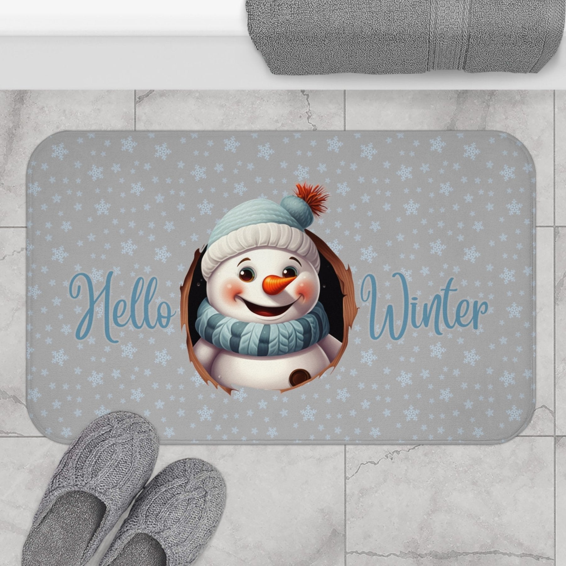 Bath Mat, Winter, Hello Winter, Light Gray, Snowman 1 - Janlyn's Crafts