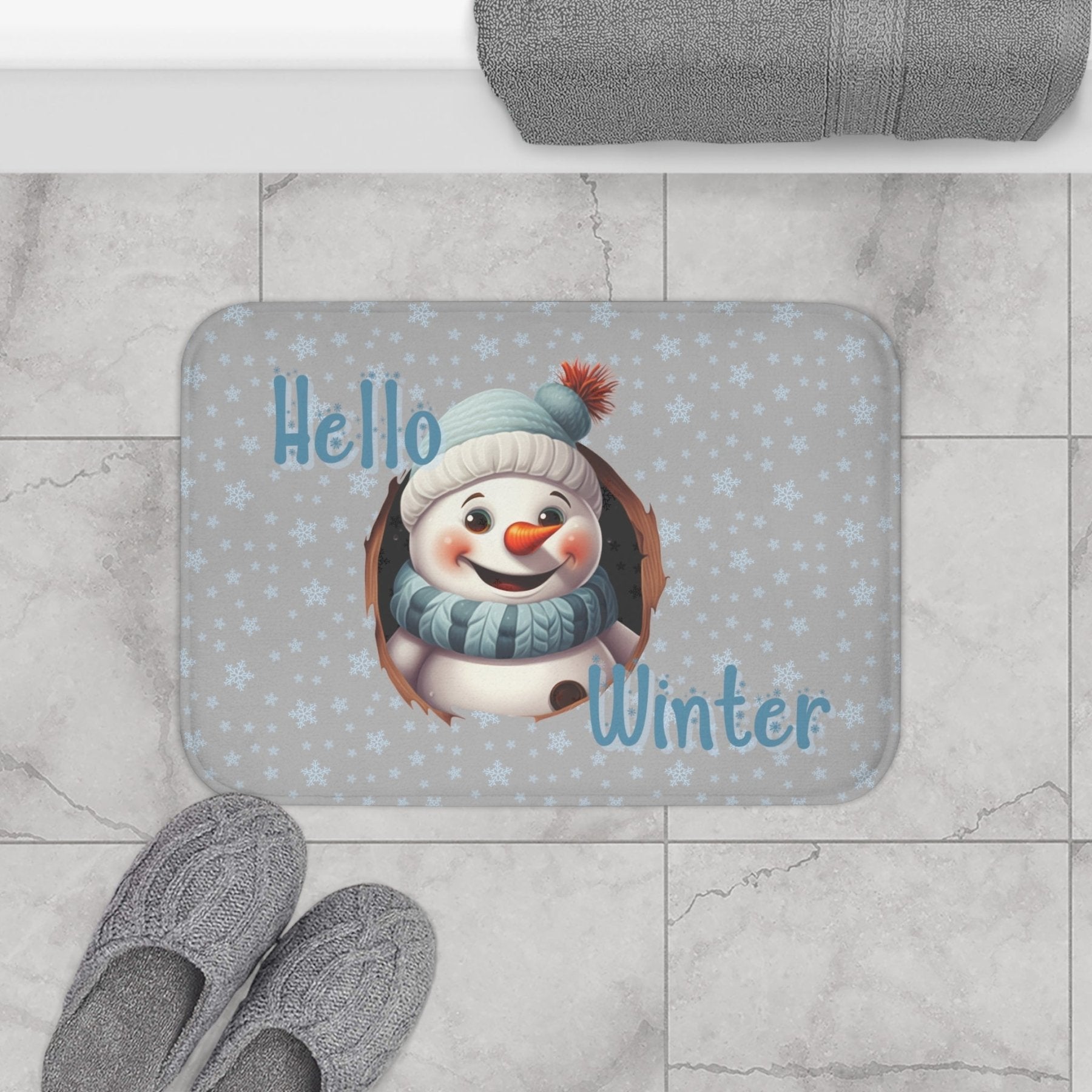 Bath Mat, Winter, Hello Winter, Light Gray, Snowman 2 - Janlyn's Crafts