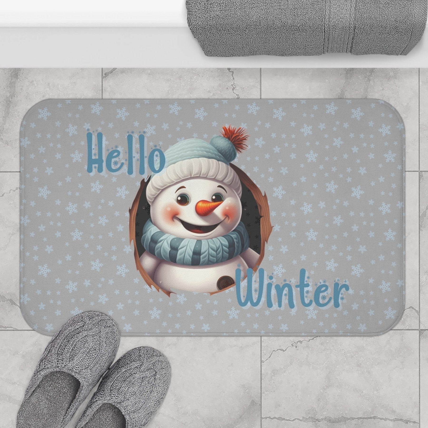 Bath Mat, Winter, Hello Winter, Light Gray, Snowman 2 - Janlyn's Crafts