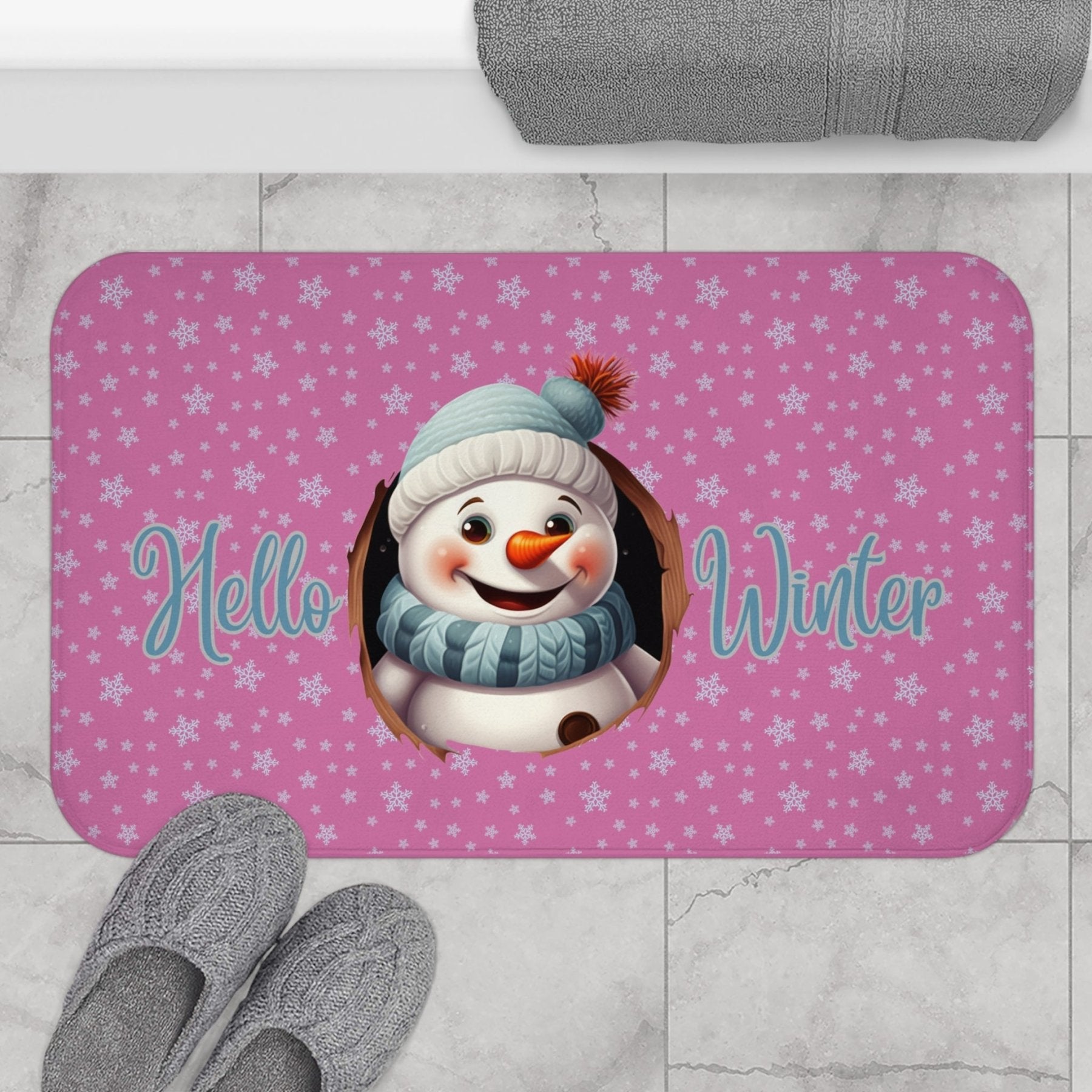 Bath Mat, Winter, Hello Winter, Light Pink, Snowman 1 - Janlyn's Crafts