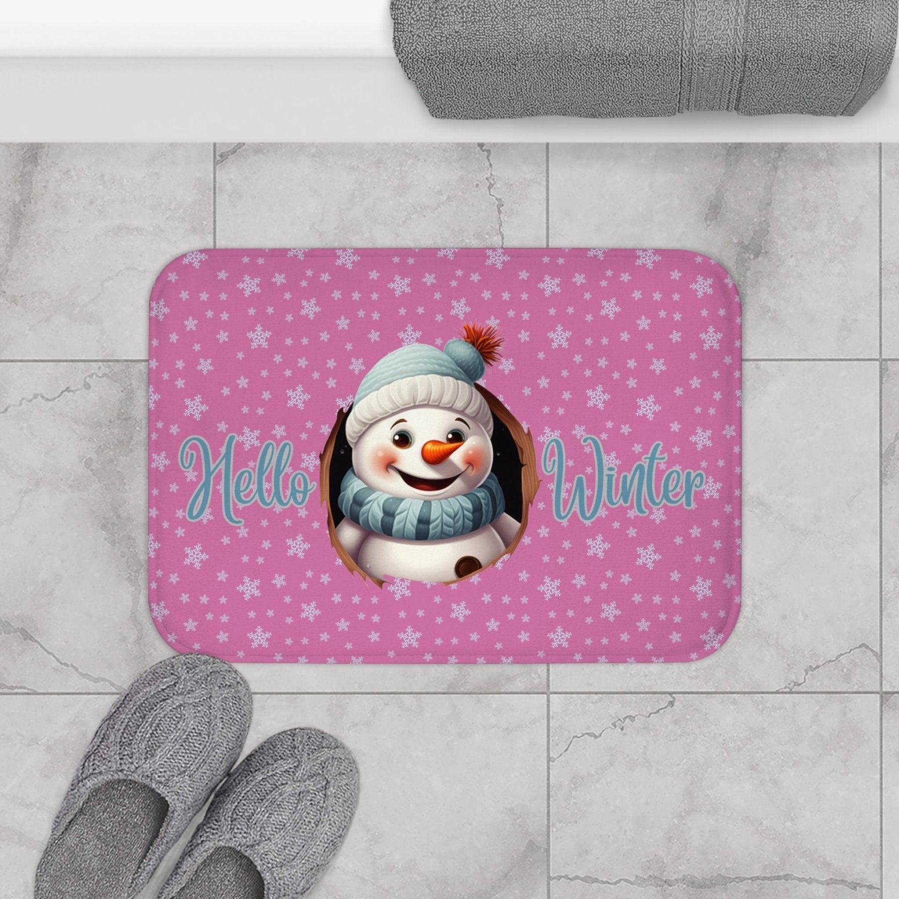 Bath Mat, Winter, Hello Winter, Light Pink, Snowman 1 - Janlyn's Crafts