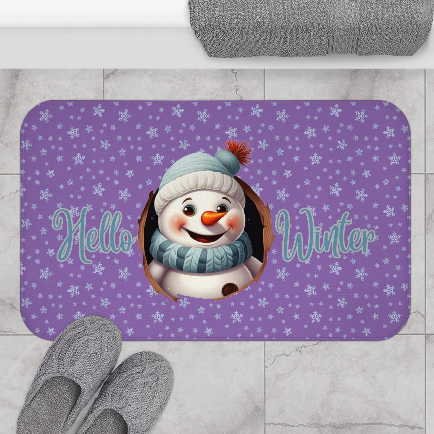 Bath Mat, Winter, Hello Winter, Light Purple, Snowman 1 - Janlyn's Crafts