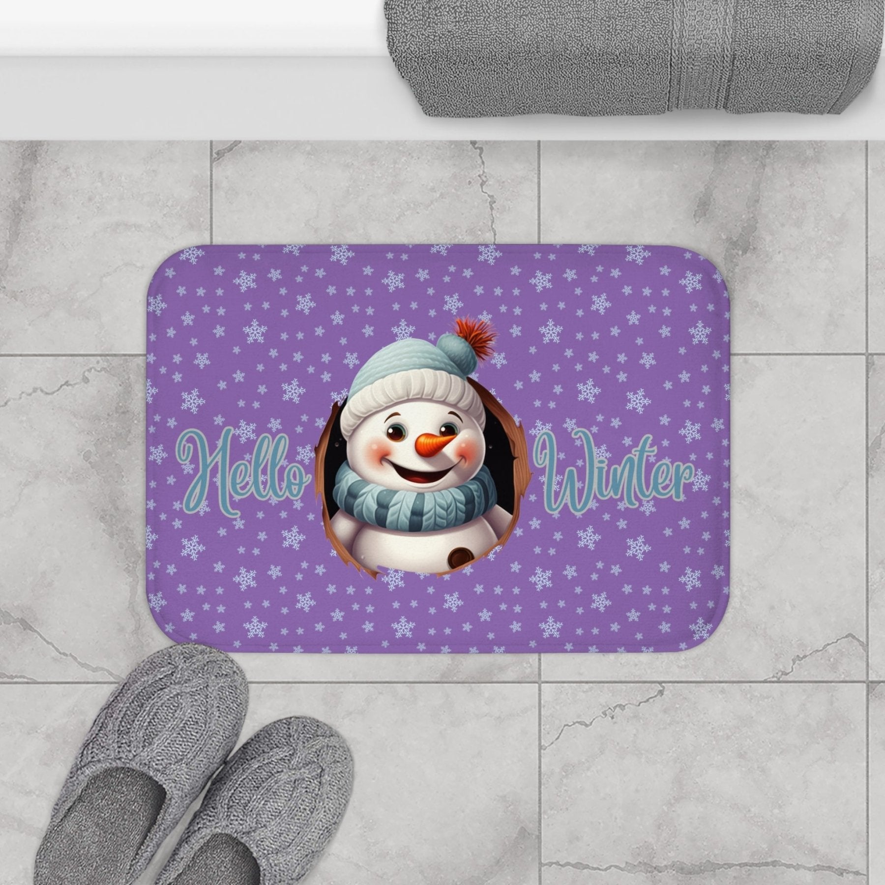 Bath Mat, Winter, Hello Winter, Light Purple, Snowman 1 - Janlyn's Crafts