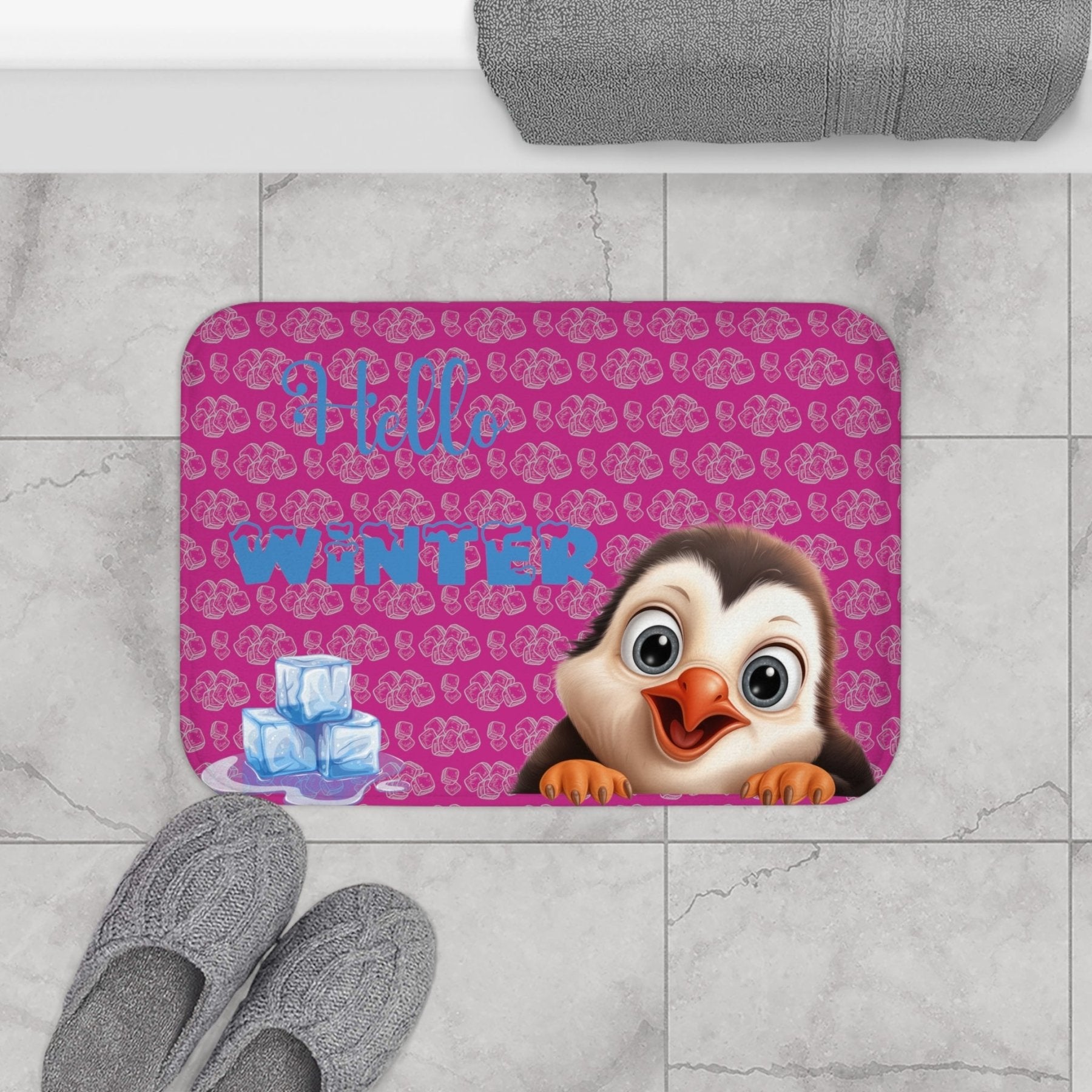 Bath Mat, Winter, Hello Winter, Pink, Penguin 2 - Janlyn's Crafts